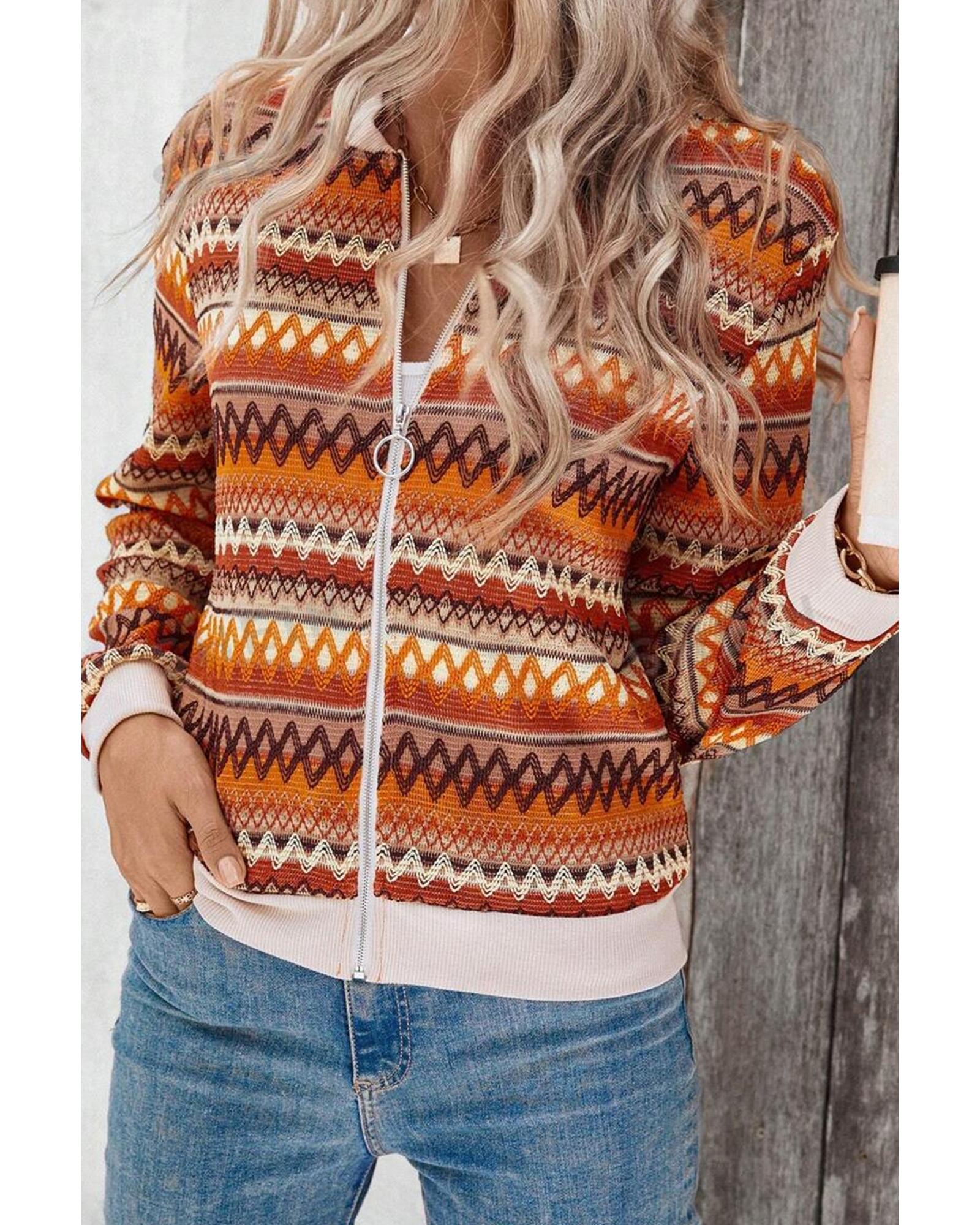 Orange Boho Striped Zip Up Long Sleeve Jacket - XL