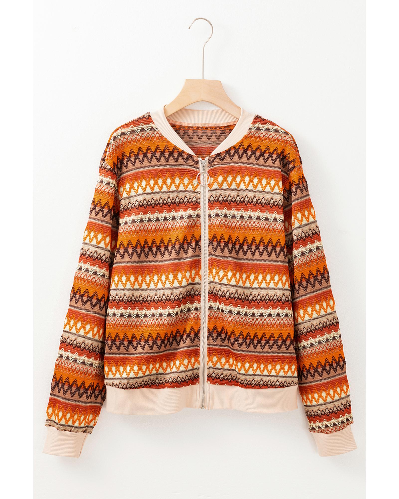 Orange Boho Striped Zip Up Long Sleeve Jacket - XL