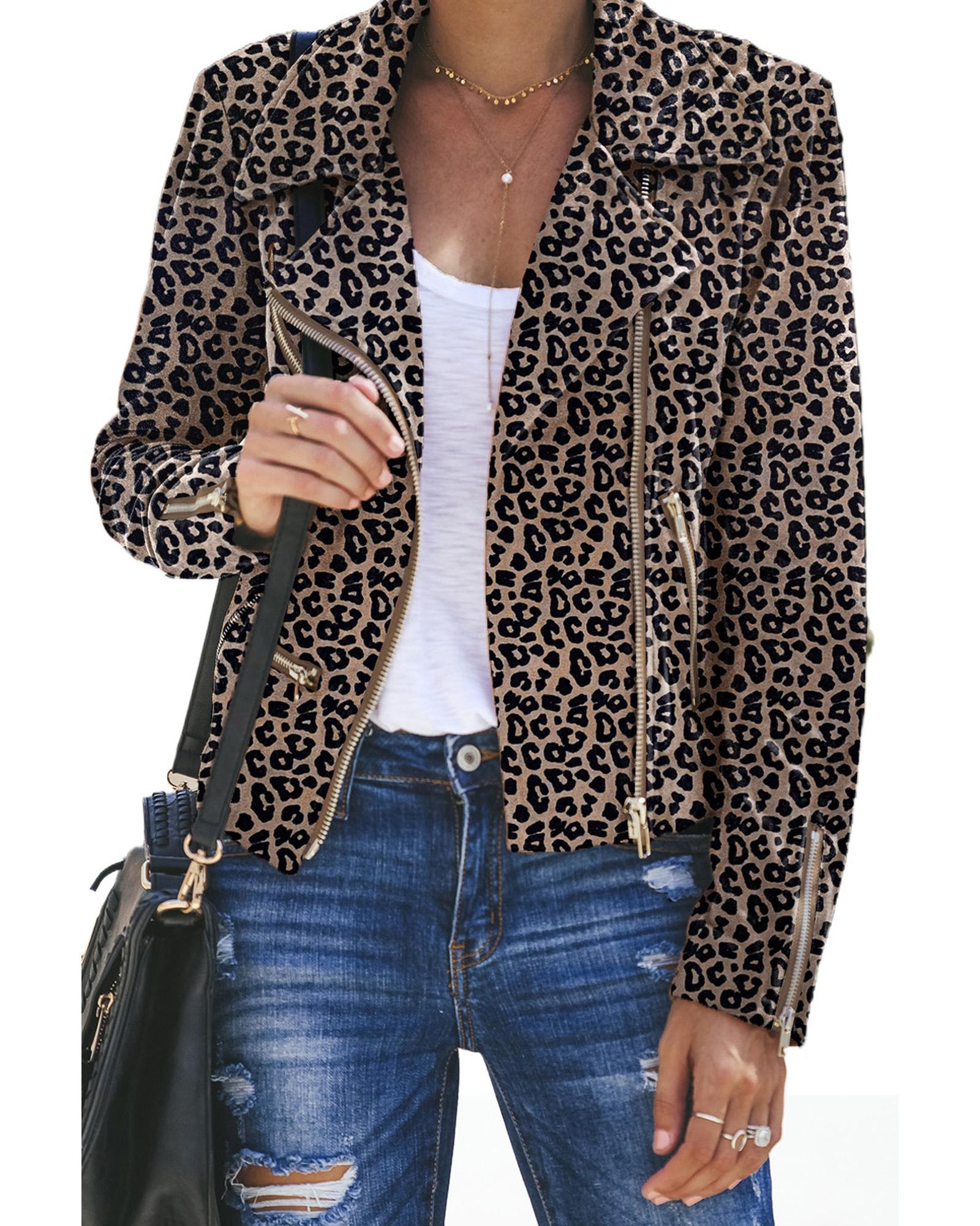 Leopard Zipped Notch Collar Short Jacket - 2XL 7