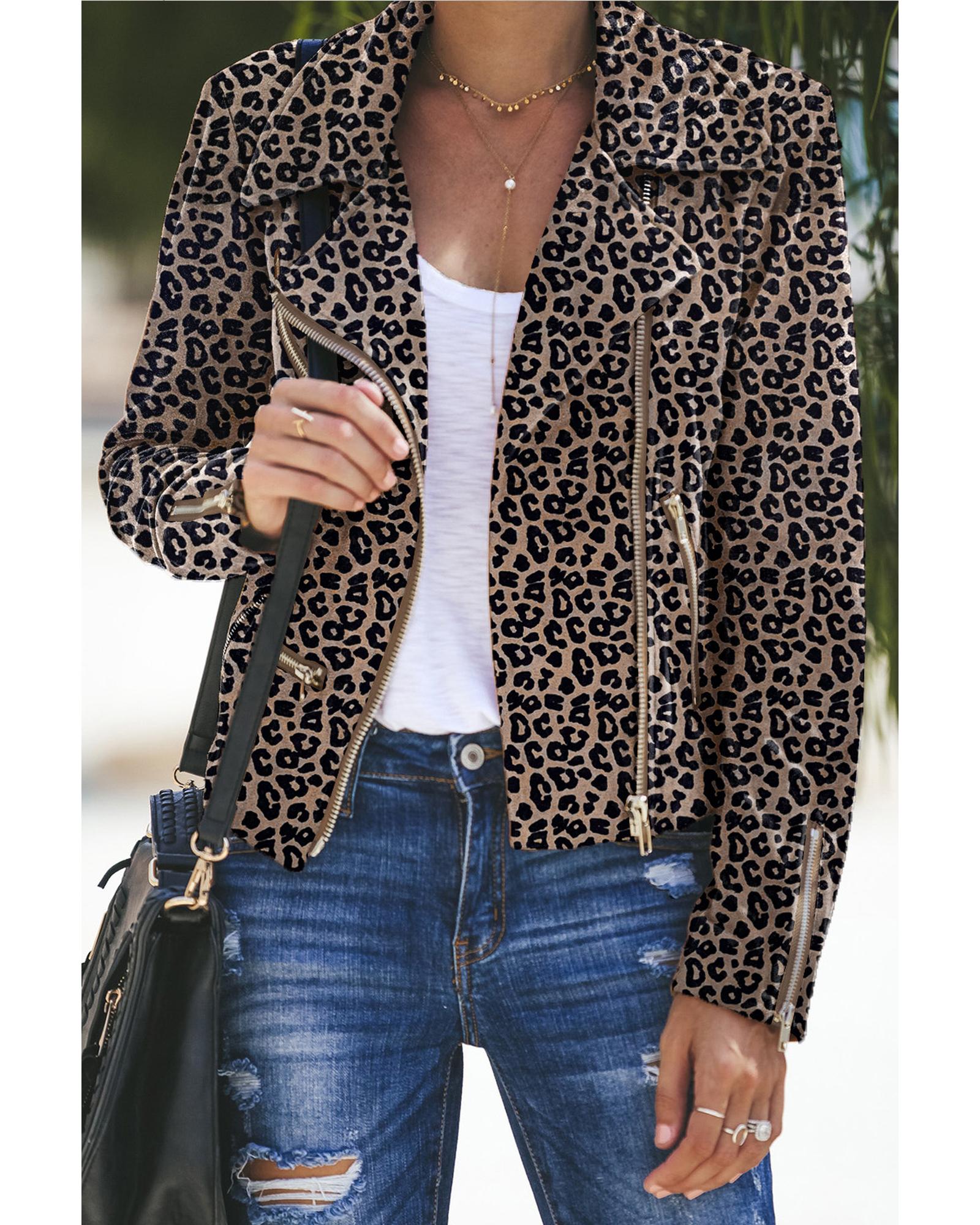Leopard Zipped Notch Collar Short Jacket - L