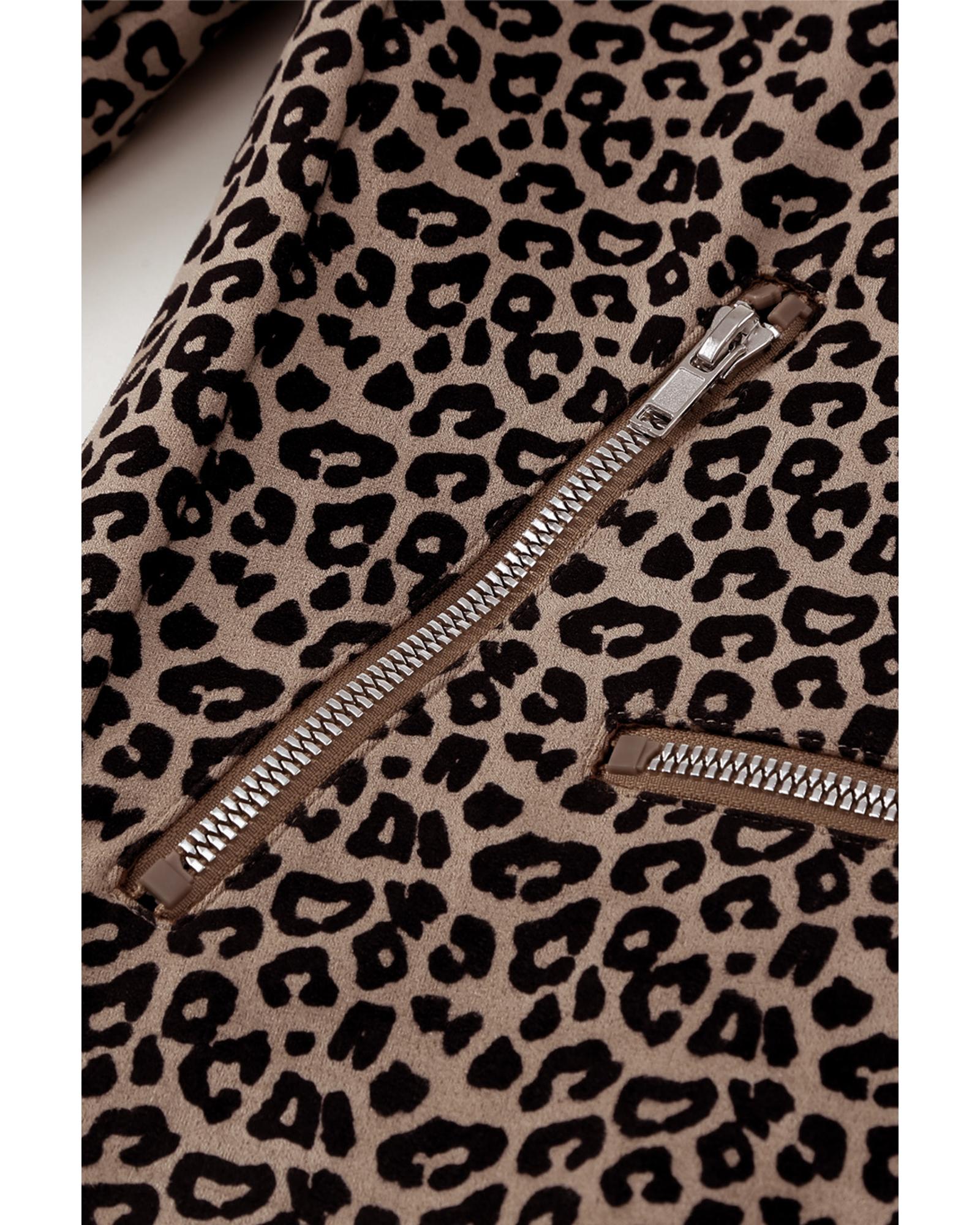 Leopard Zipped Notch Collar Short Jacket - L
