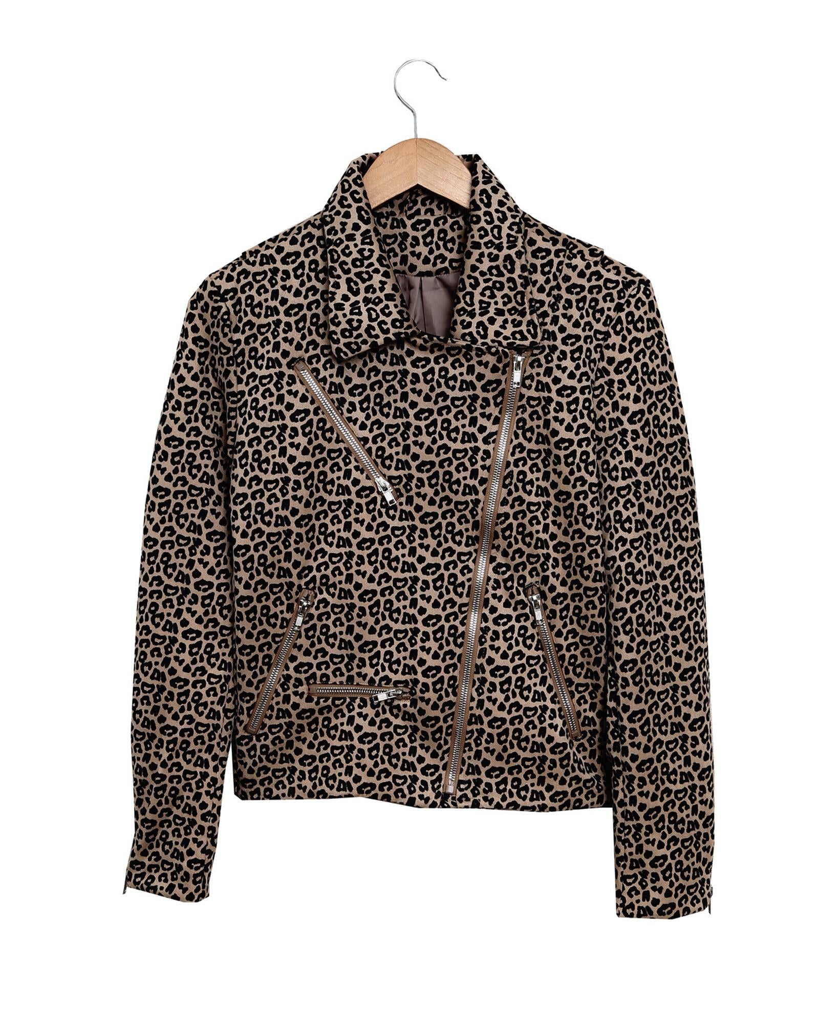 Leopard Zipped Notch Collar Short Jacket - XL 3