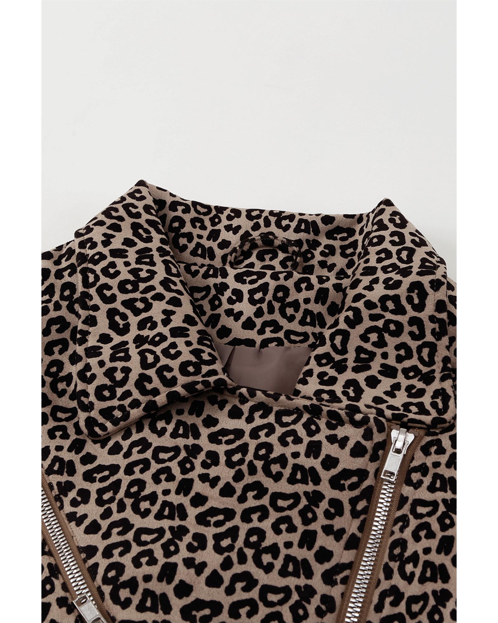 Leopard Zipped Notch Collar Short Jacket - XL 5