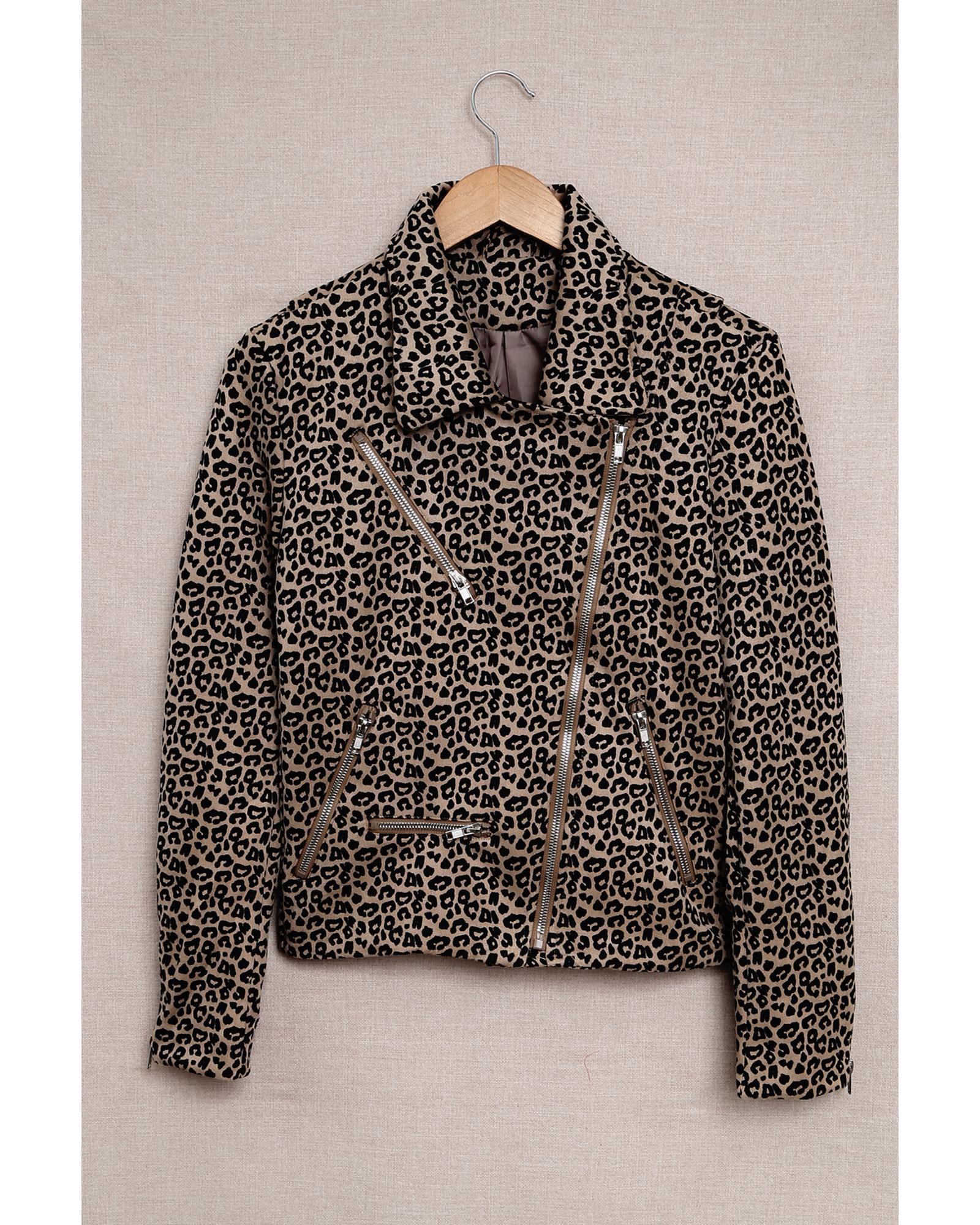 Leopard Zipped Notch Collar Short Jacket - XL 7
