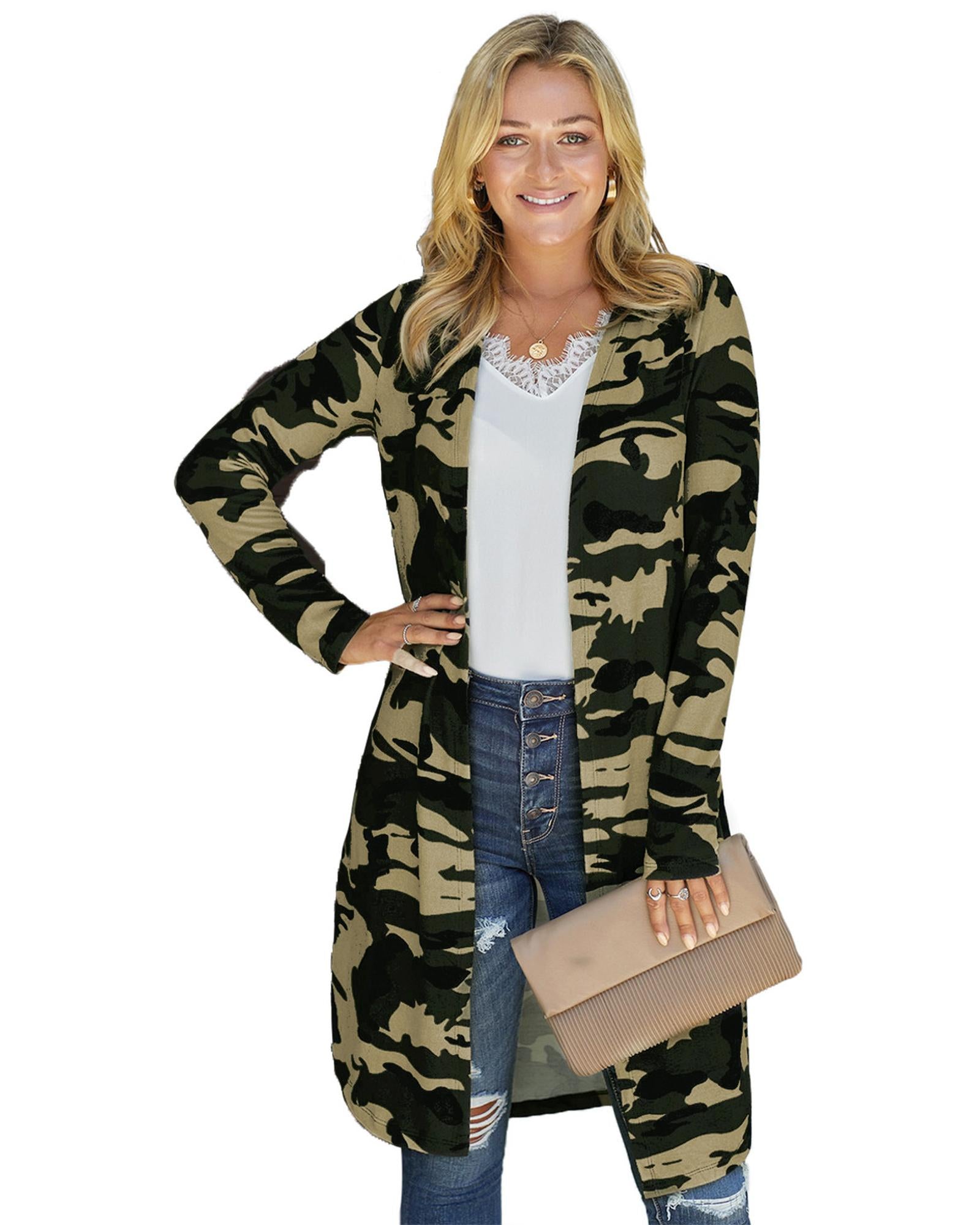 Green Camo Print Long Cardigan - L