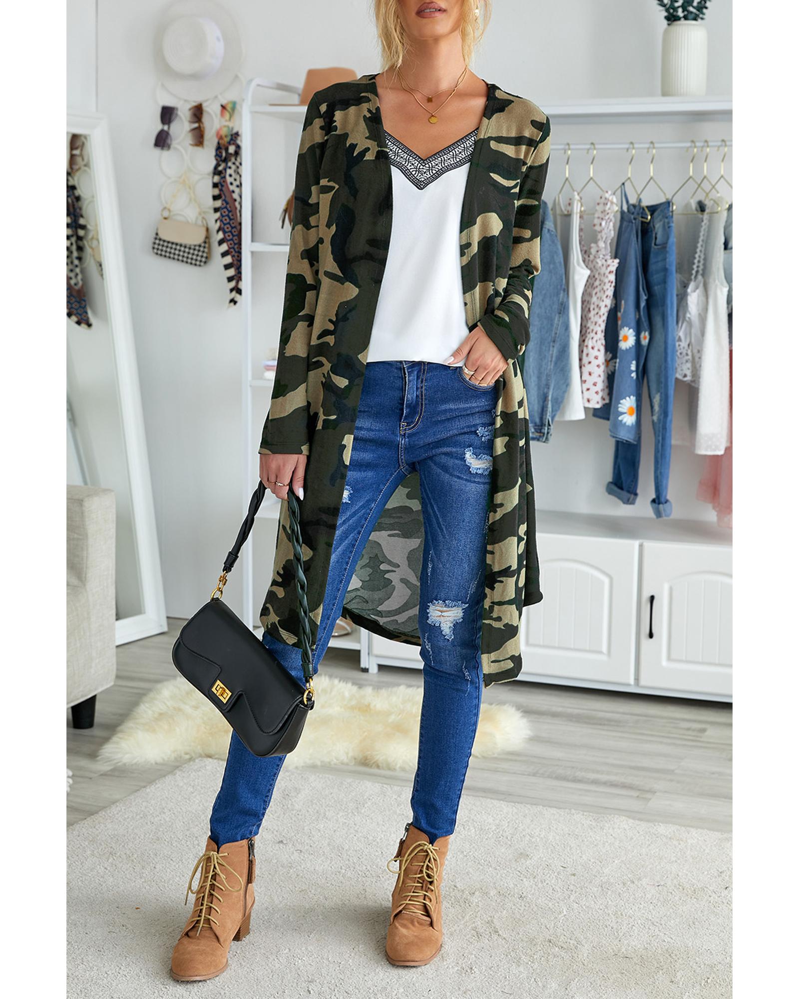 Green Camo Print Long Cardigan - M 4