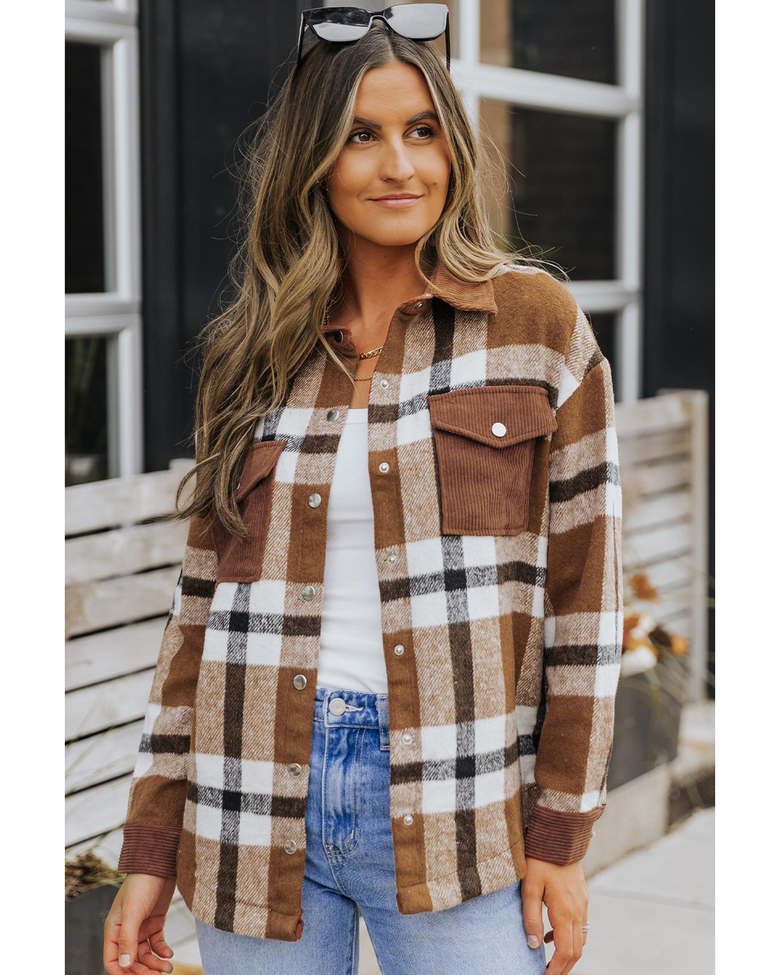 Brown Pocketed Buttoned Plaid Shirt Jacket - 2XL 3