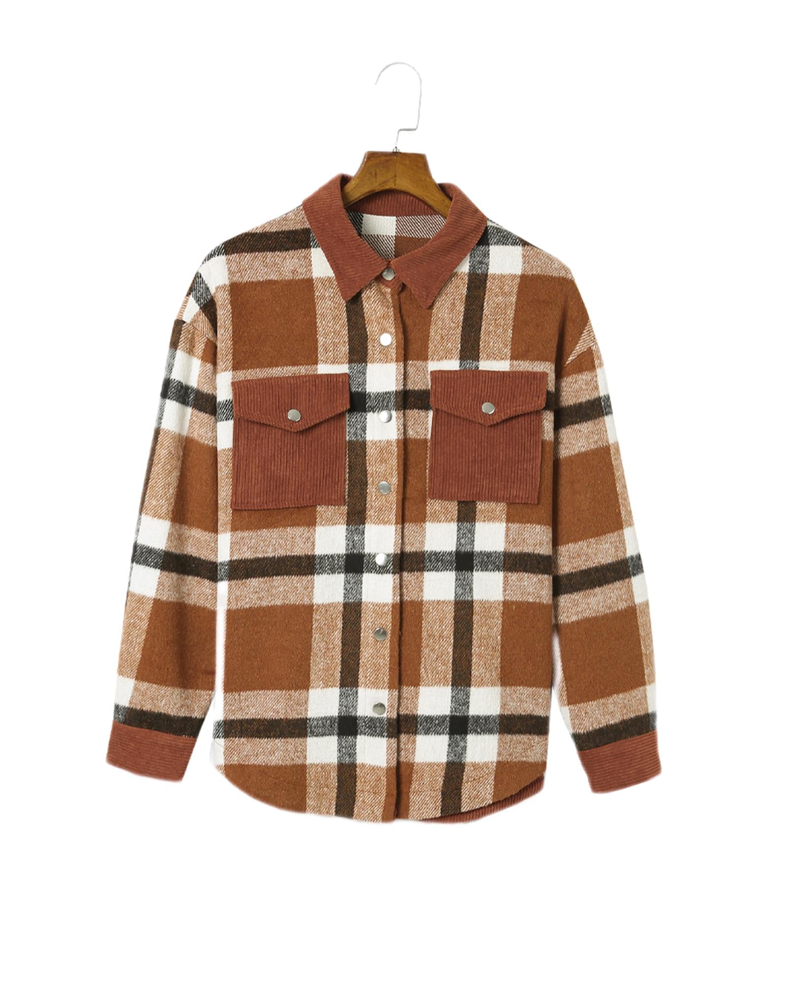 Brown Pocketed Buttoned Plaid Shirt Jacket - L 4