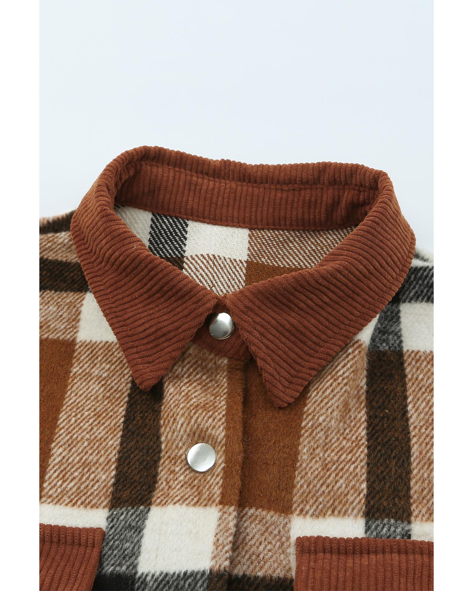 Brown Pocketed Buttoned Plaid Shirt Jacket - M 7