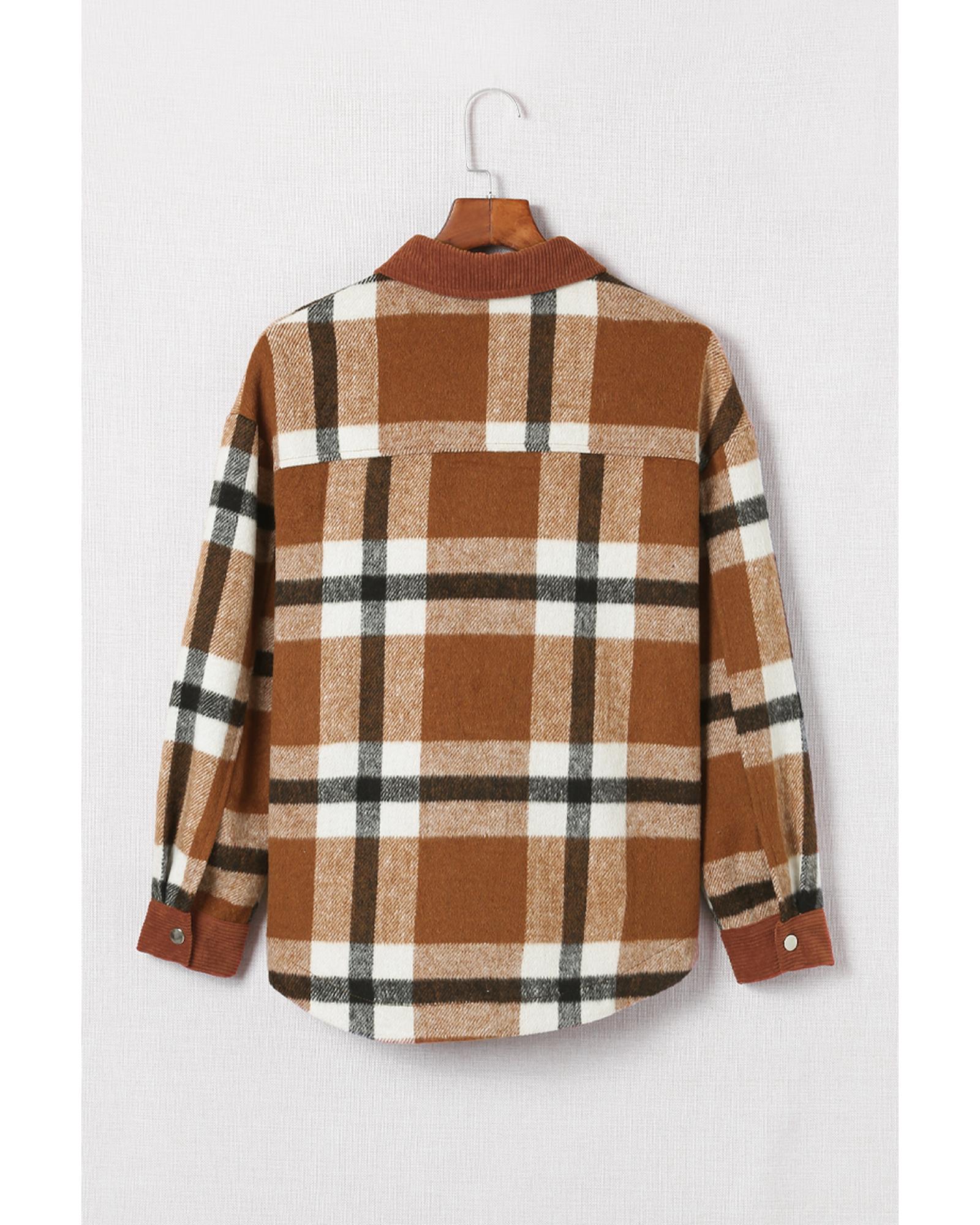 Brown Pocketed Buttoned Plaid Shirt Jacket - S