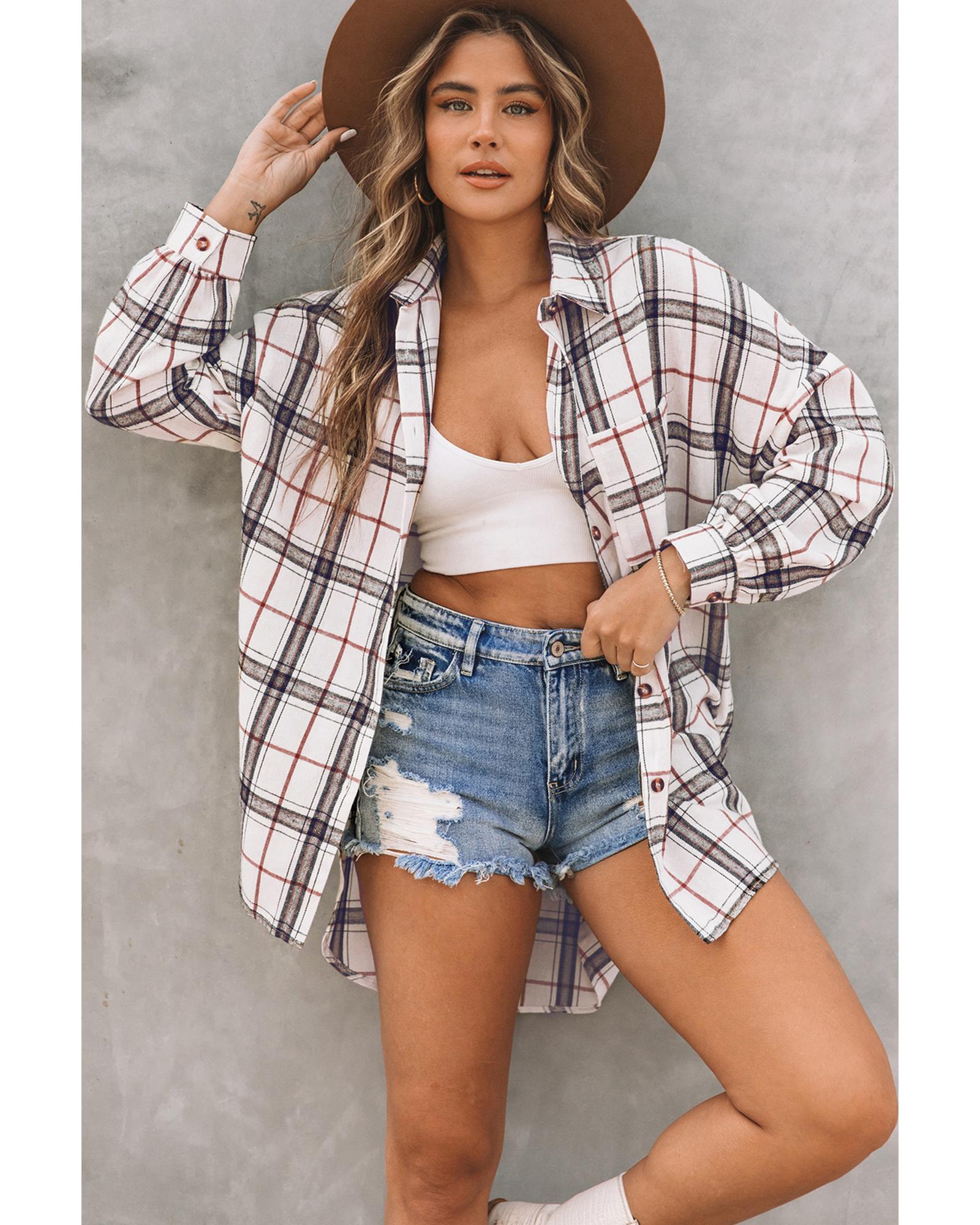 Azura Exchange White Oversized Plaid Pattern Shacket with Slits - L 4