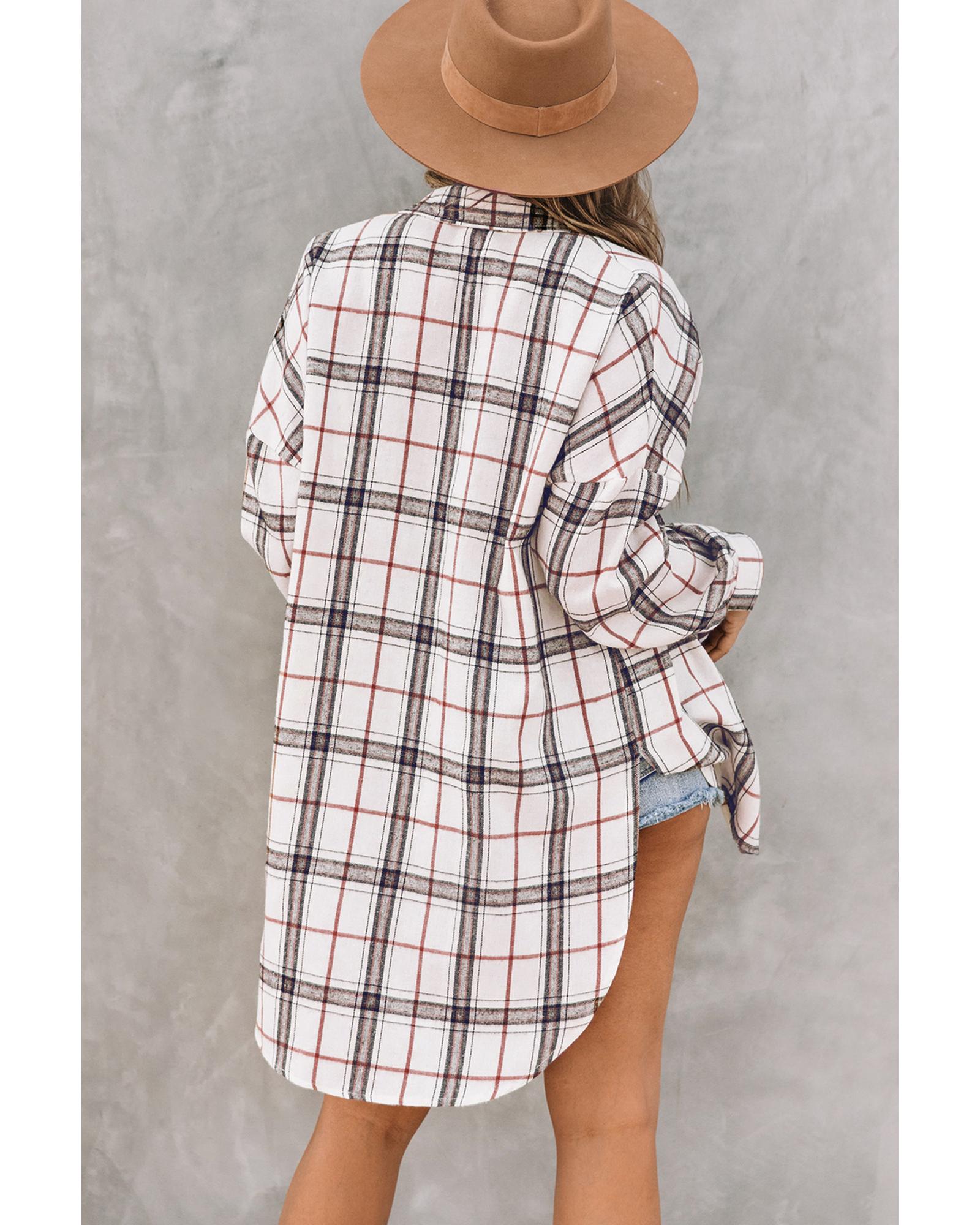 Azura Exchange White Oversized Plaid Pattern Shacket with Slits - L 7