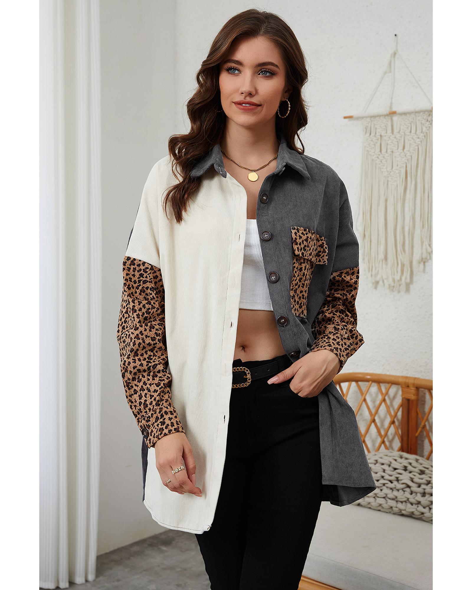 Gray Color Block Leopard Patched Corduroy Shacket - M