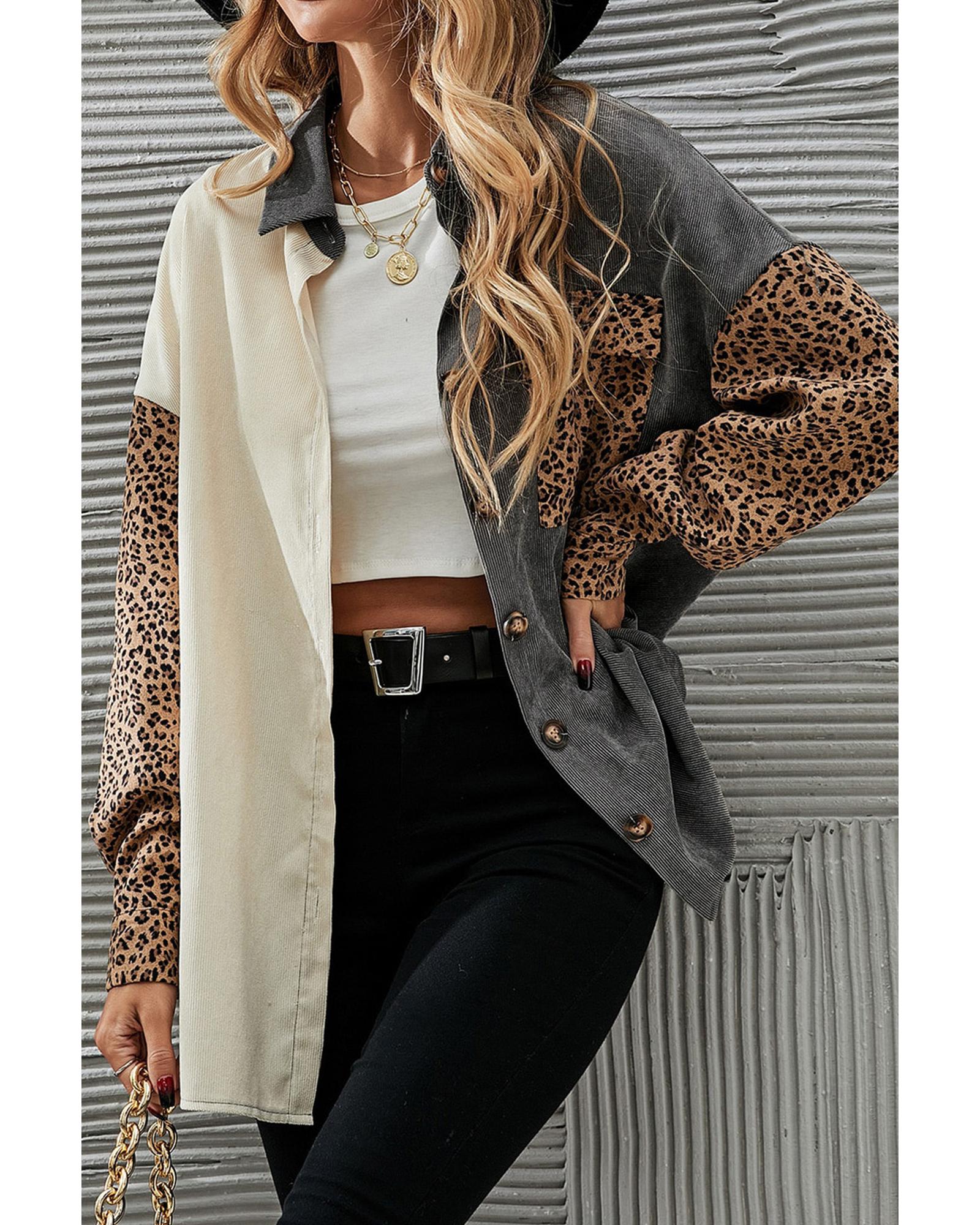 Gray Color Block Leopard Patched Corduroy Shacket - M 3