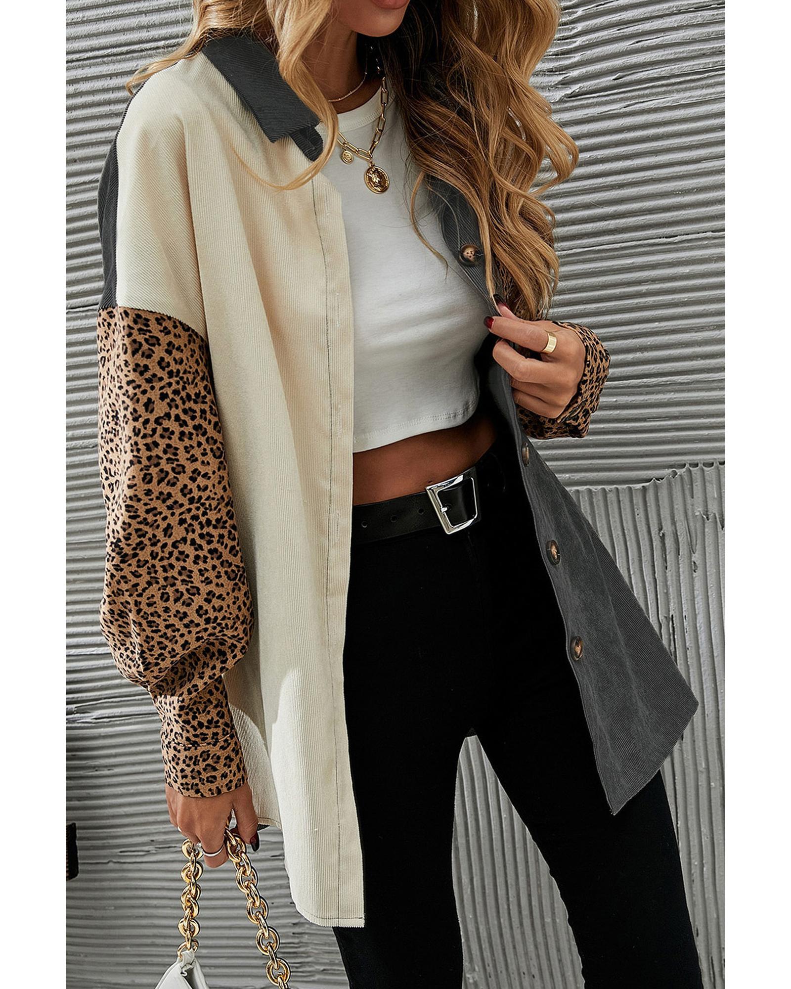 Gray Color Block Leopard Patched Corduroy Shacket - M 5
