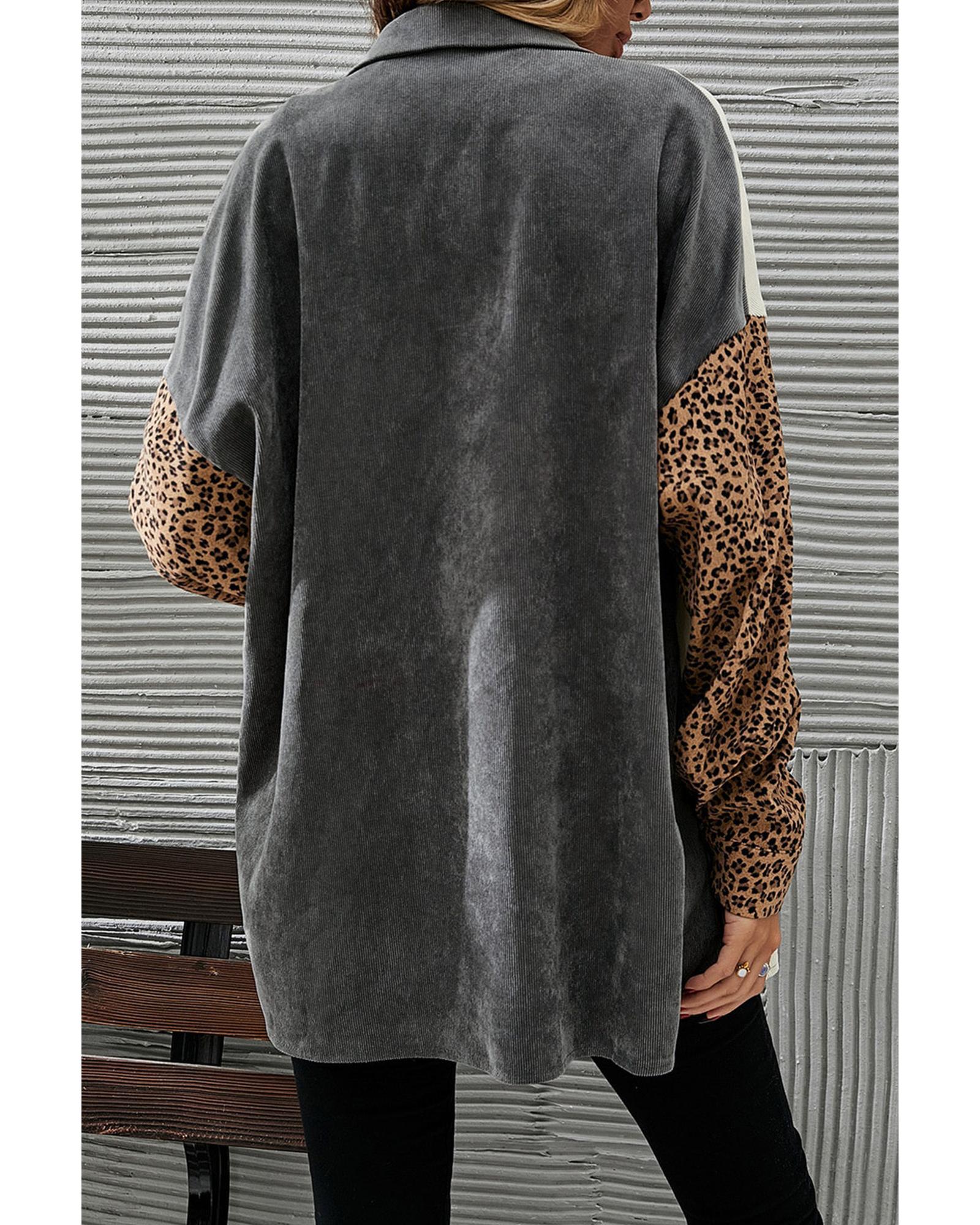 Gray Color Block Leopard Patched Corduroy Shacket - M 6