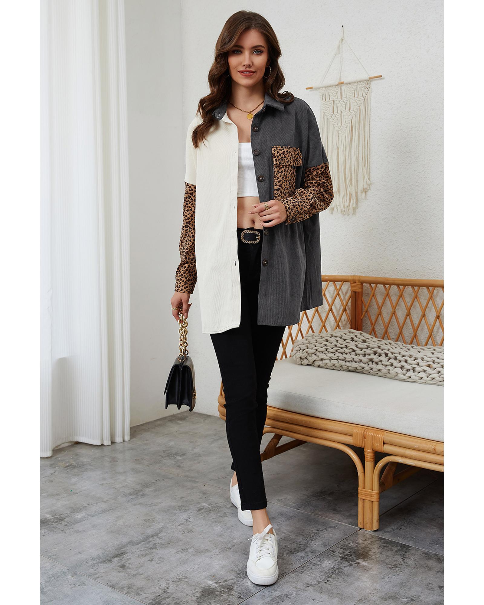 Gray Color Block Leopard Patched Corduroy Shacket - M 7