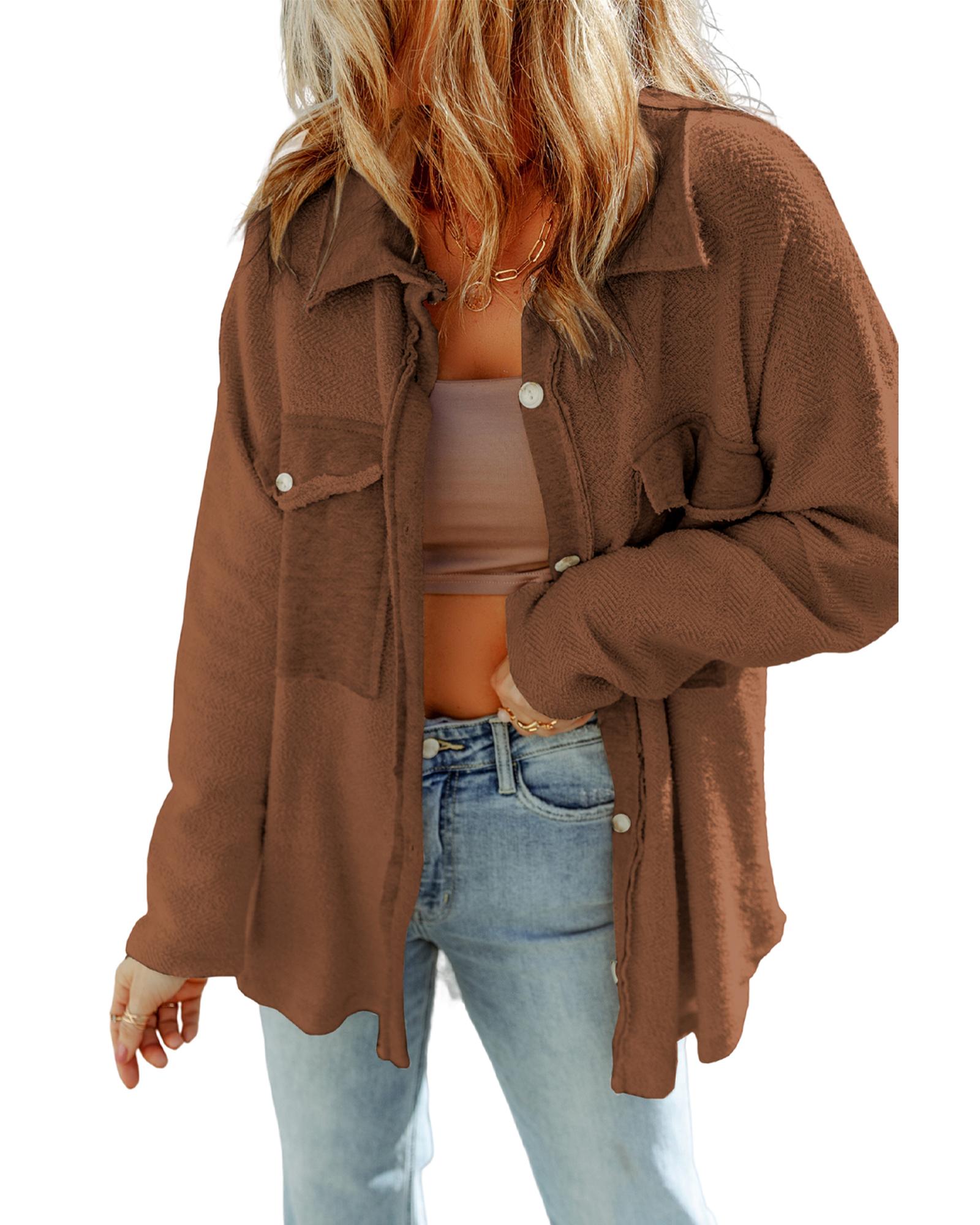 Azura Exchange Brown Contrast Flap Pockets Relaxed Shacket - M 5
