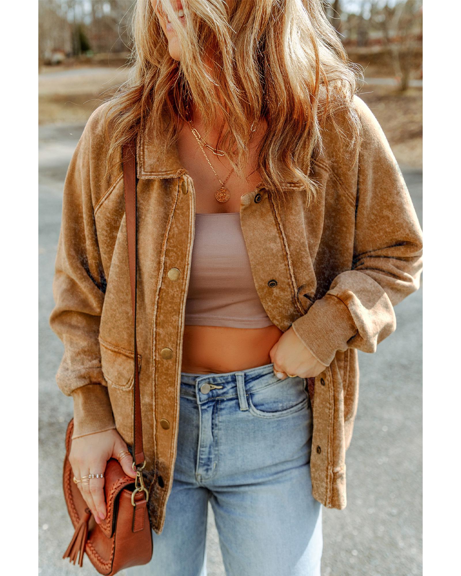 Khaki Vintage Washed Flap Pocket Button Shacket - M