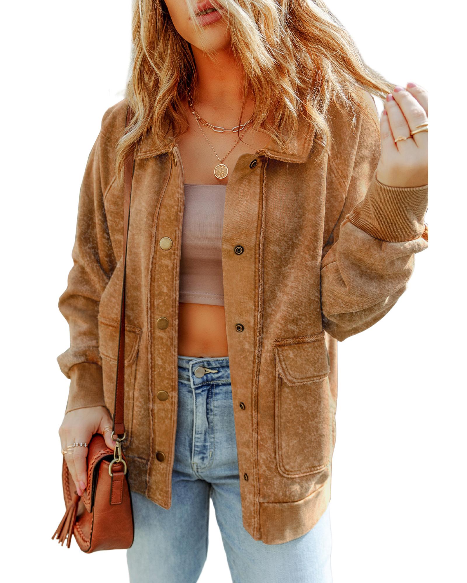 Khaki Vintage Washed Flap Pocket Button Shacket - S 4