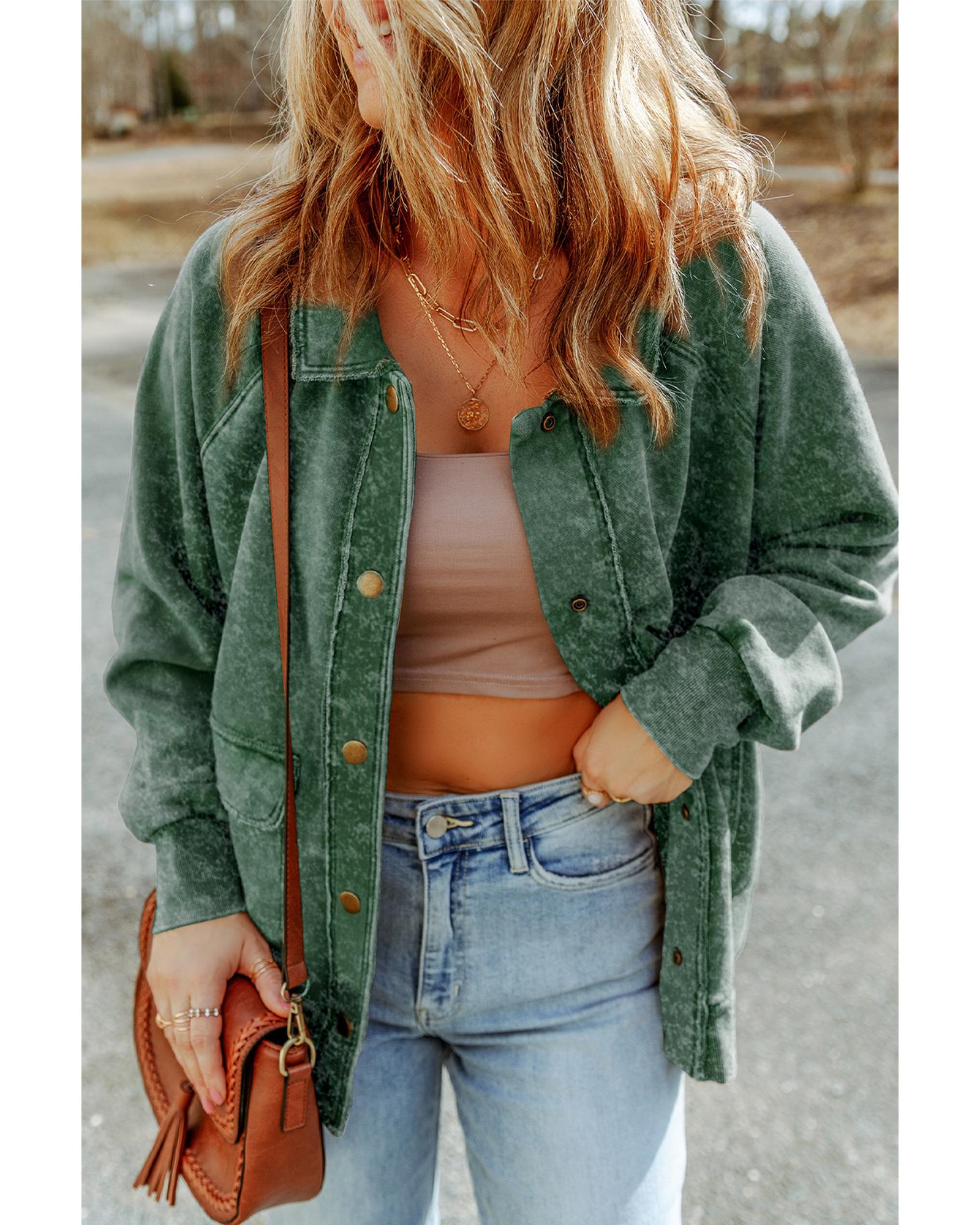 Green Vintage Washed Flap Pocket Button Shacket - 2XL
