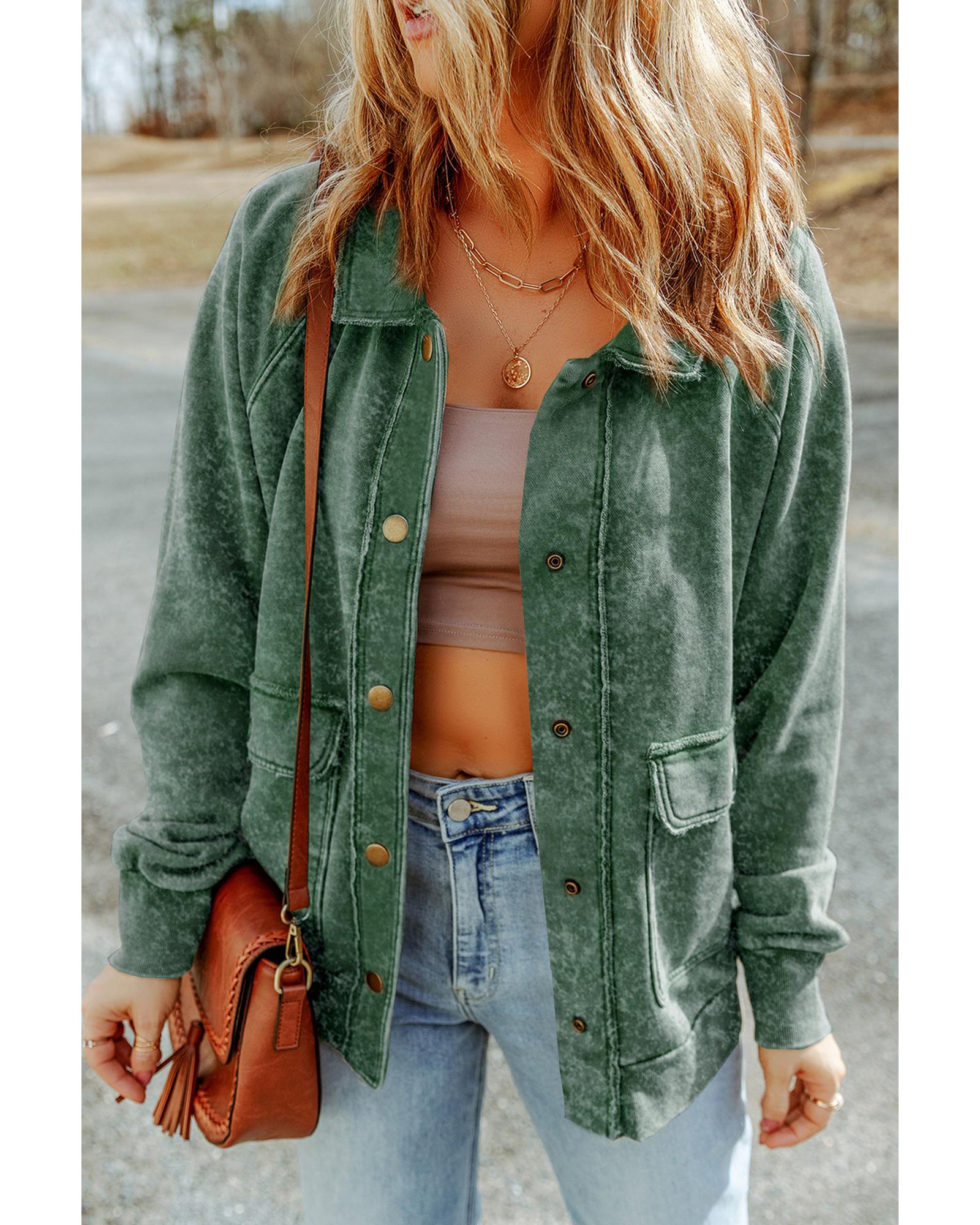 Green Vintage Washed Flap Pocket Button Shacket - 2XL