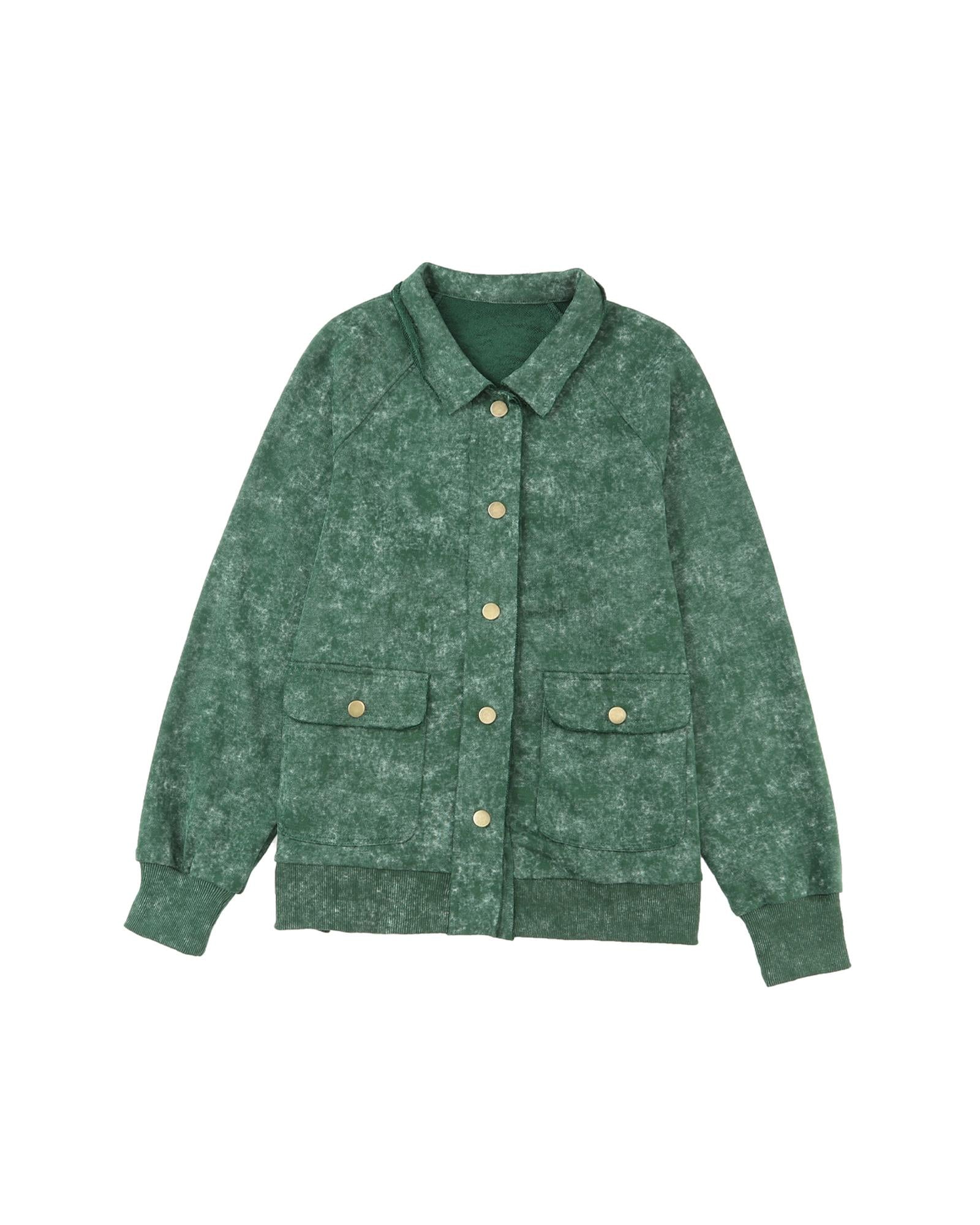 Green Vintage Washed Flap Pocket Button Shacket - S 6