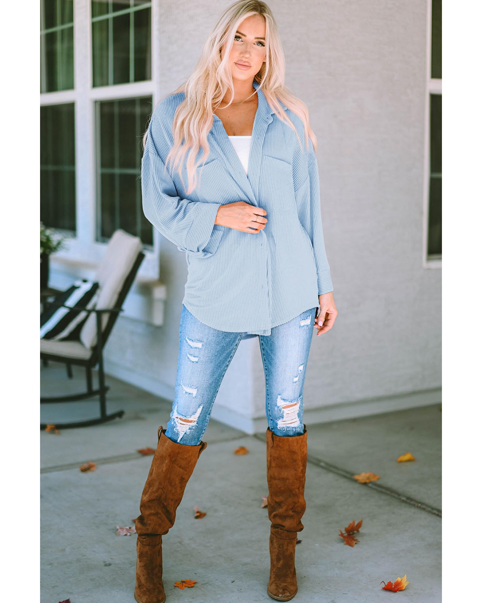 Sky Blue Roll Tab Sleeve Ribbed Cording Shacket - L
