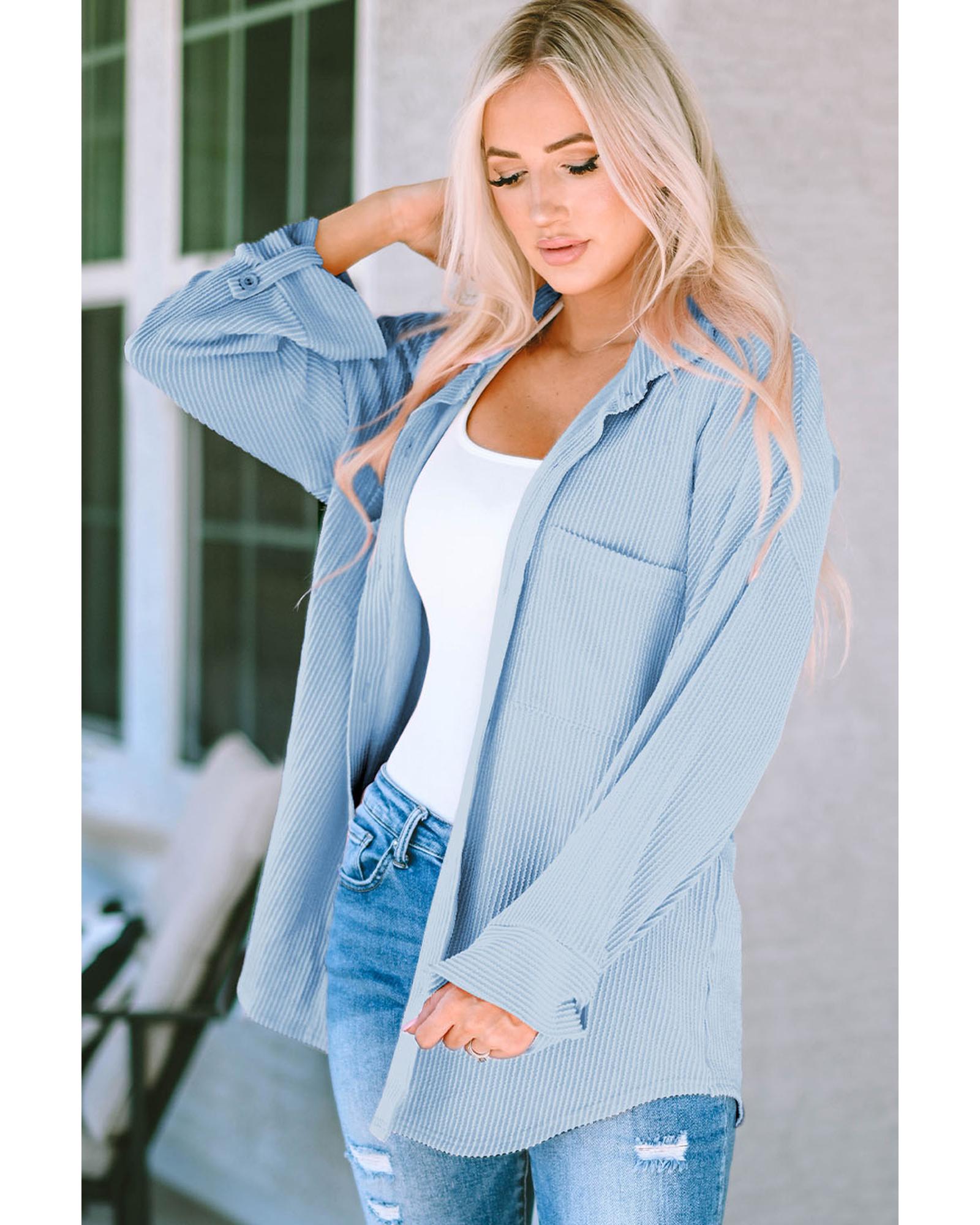 Sky Blue Roll Tab Sleeve Ribbed Cording Shacket - S 5