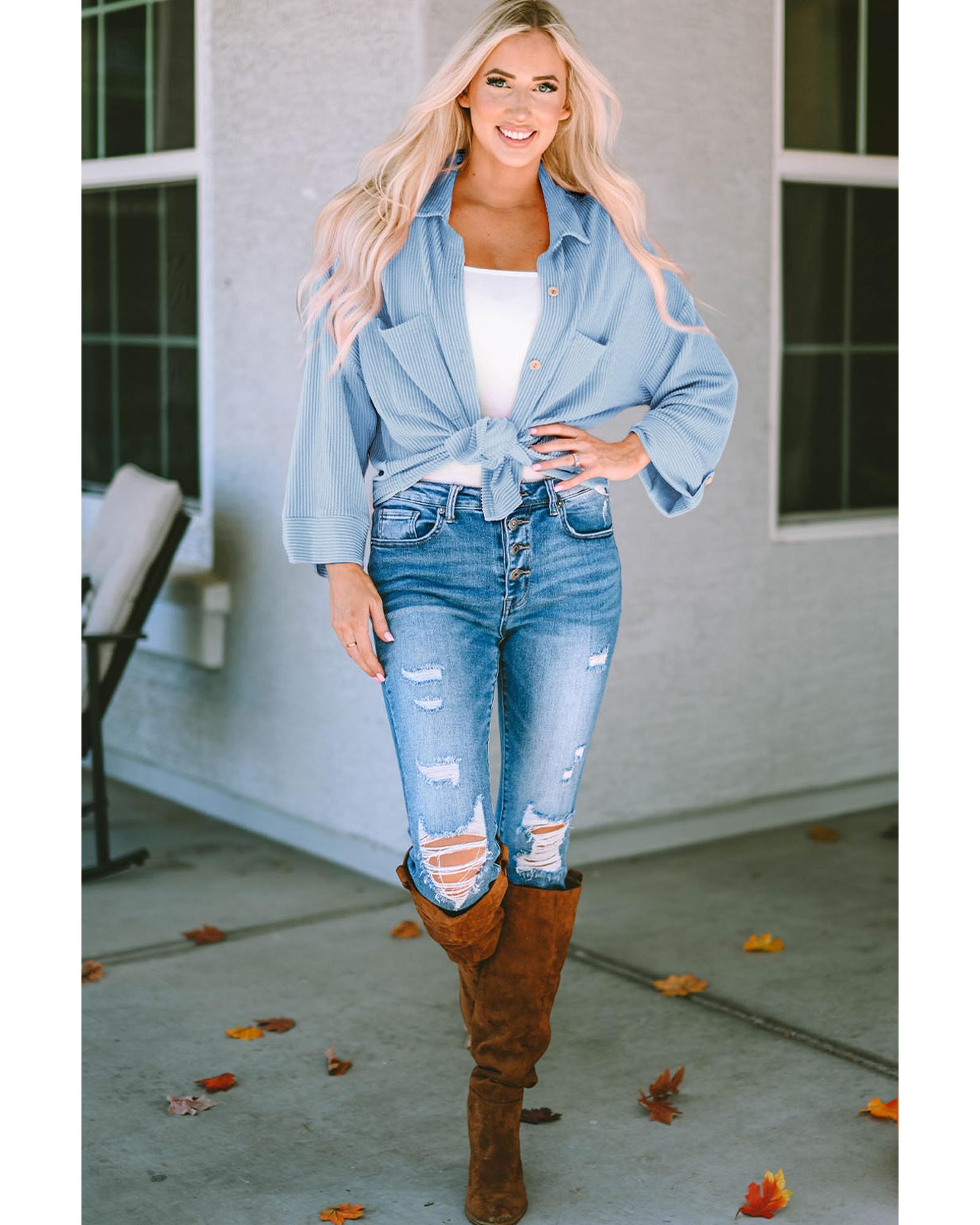 Sky Blue Roll Tab Sleeve Ribbed Cording Shacket - XL