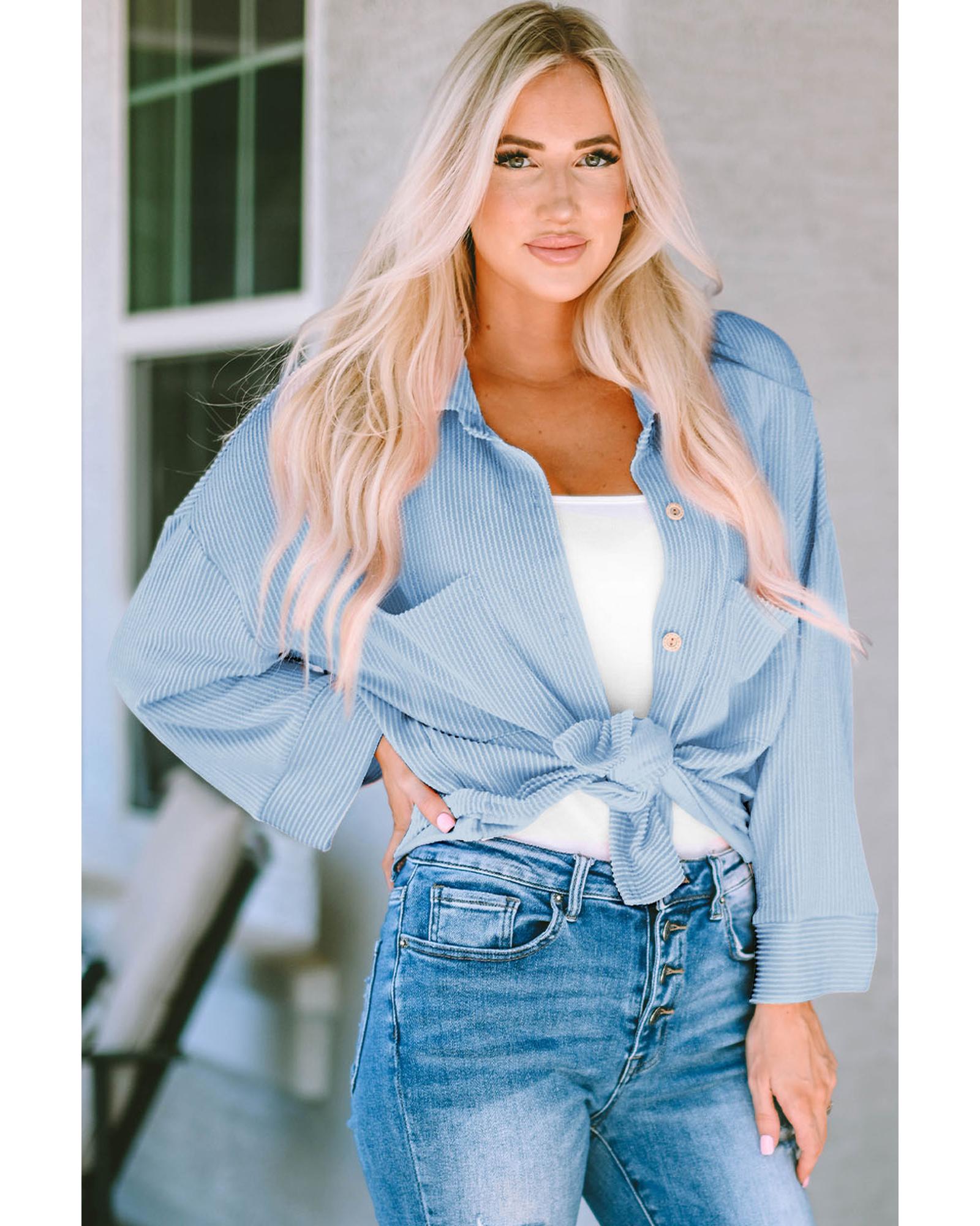Sky Blue Roll Tab Sleeve Ribbed Cording Shacket - XL