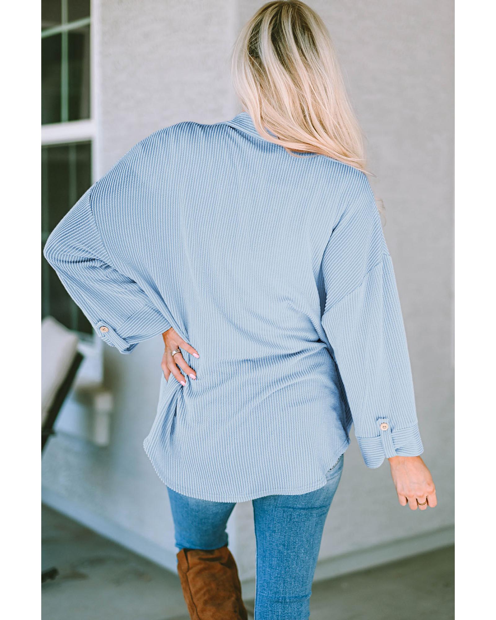 Sky Blue Roll Tab Sleeve Ribbed Cording Shacket - XL 3