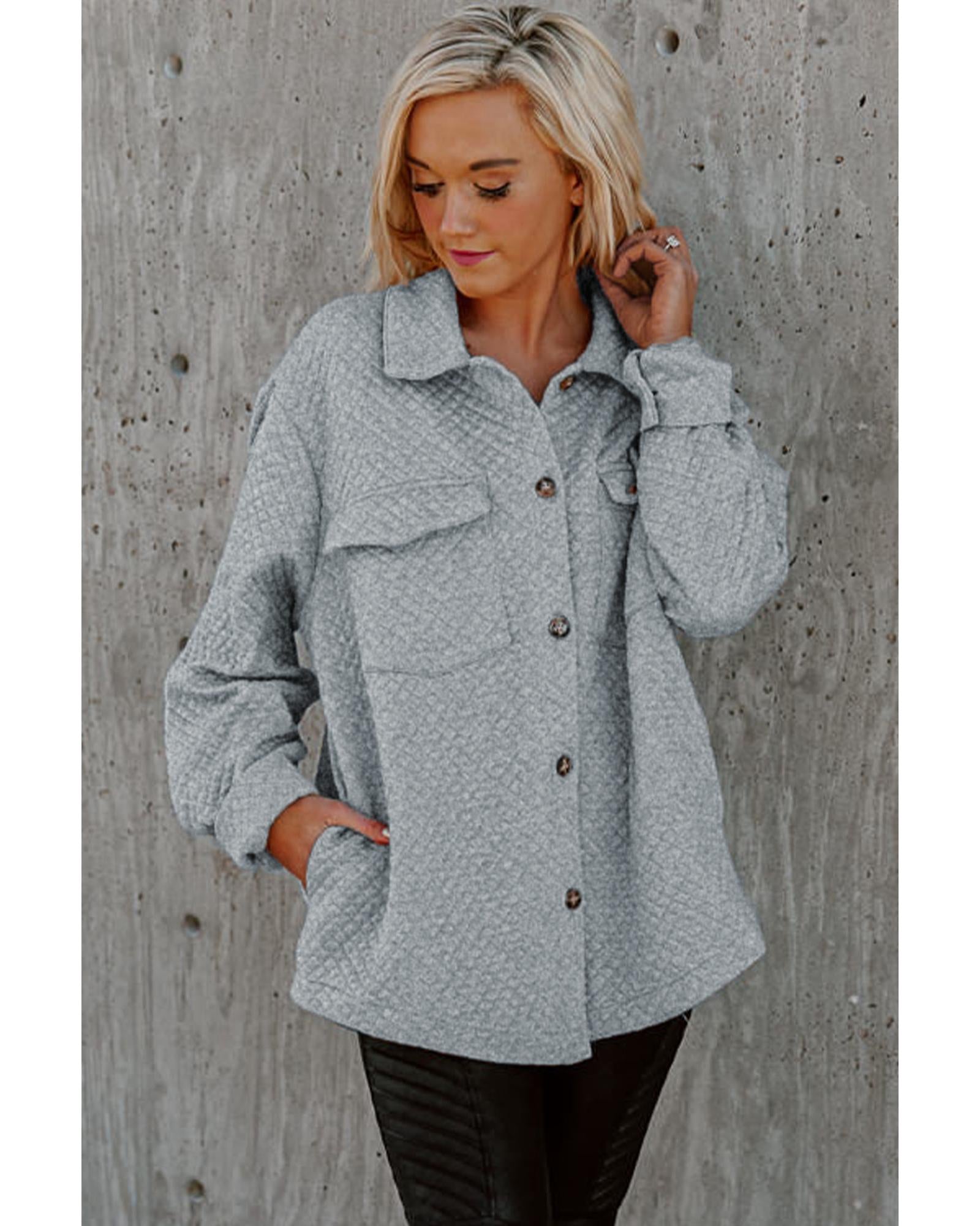 Gray Retro Quilted Flap Pocket Button Shacket - L 3