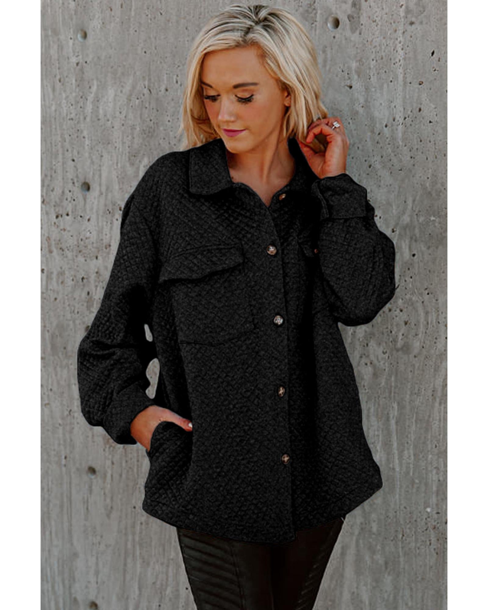 Black Retro Quilted Flap Pocket Button Shacket - XL