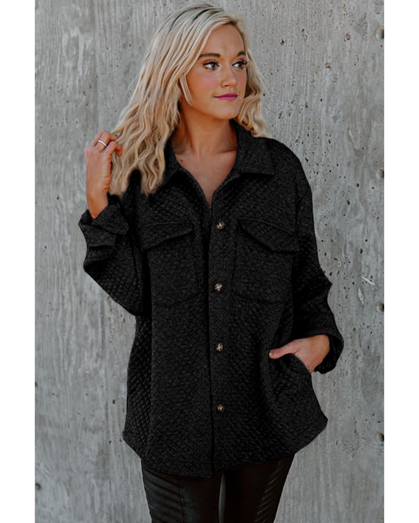 Black Retro Quilted Flap Pocket Button Shacket - XL 8