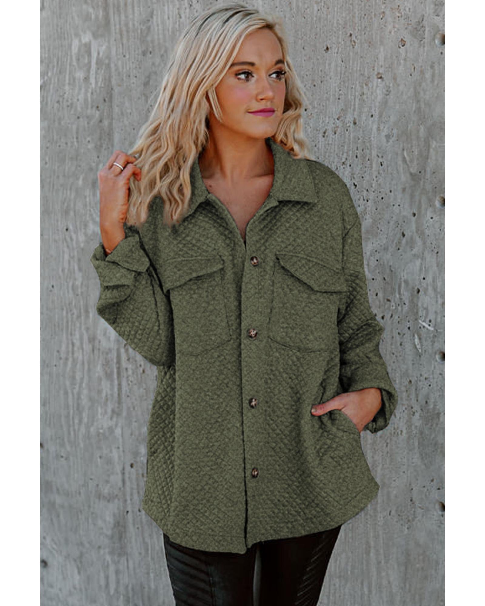 Green Retro Quilted Flap Pocket Button Shacket - L 4