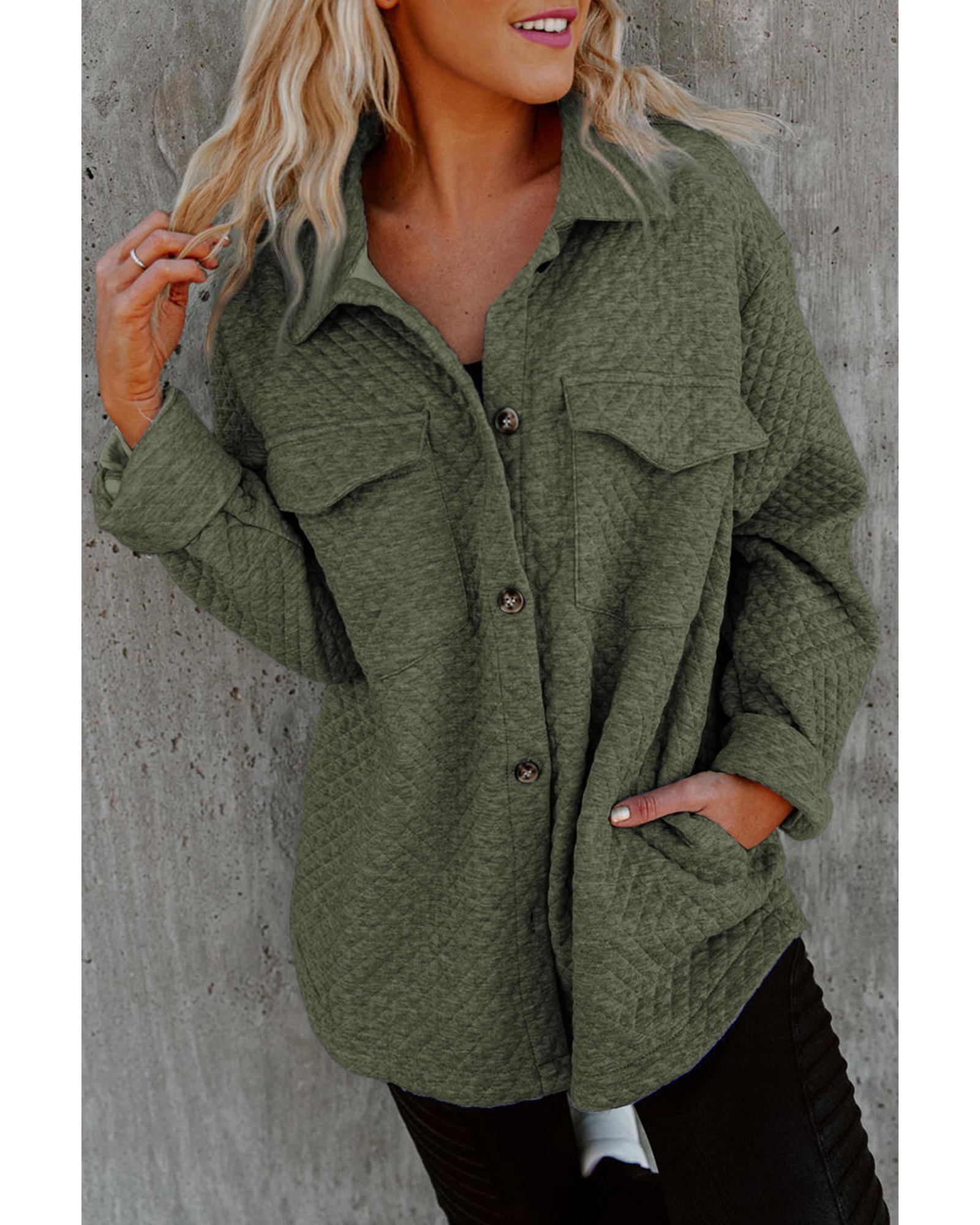 Green Retro Quilted Flap Pocket Button Shacket - M 3