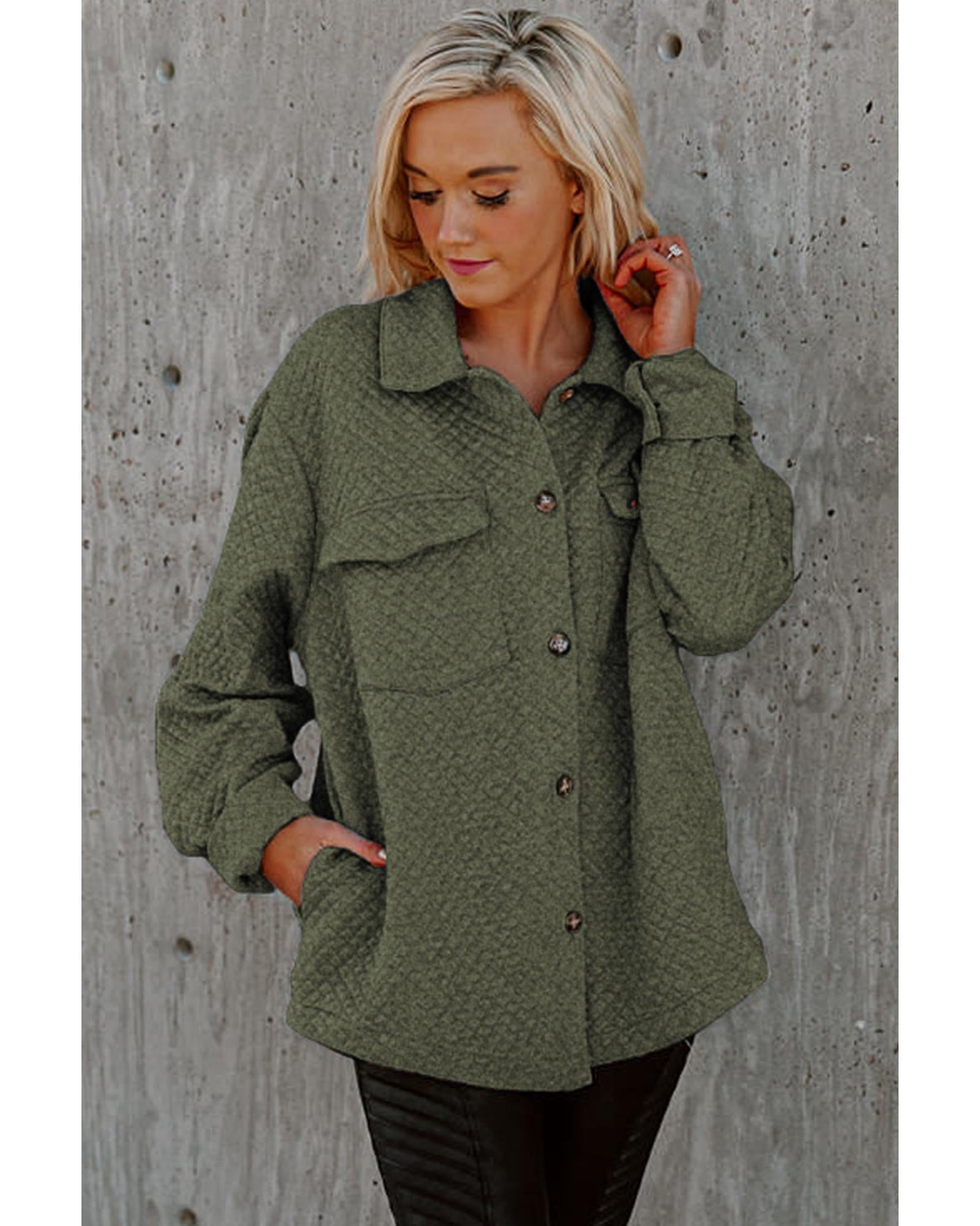 Green Retro Quilted Flap Pocket Button Shacket - M 5