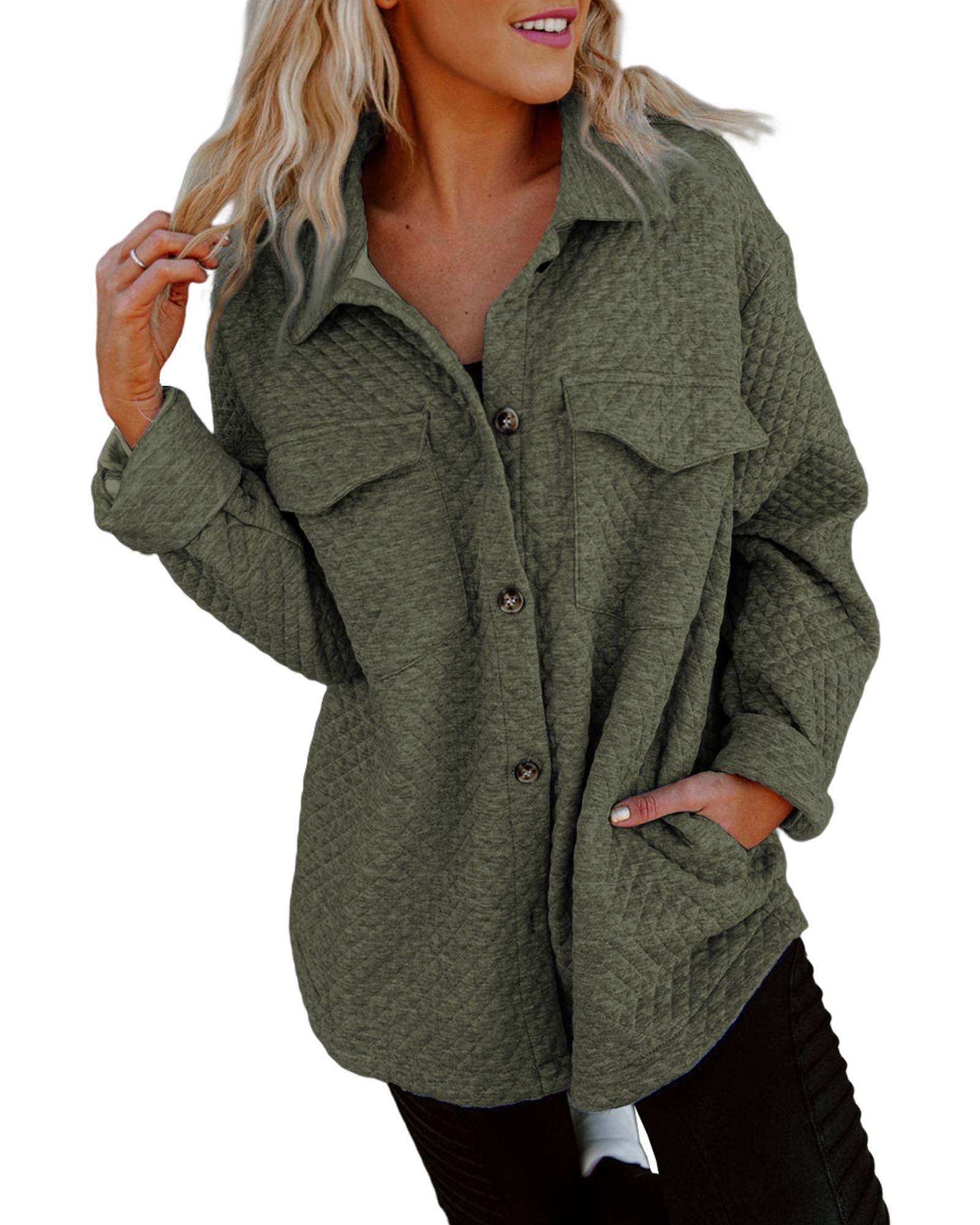 Green Retro Quilted Flap Pocket Button Shacket - S 4