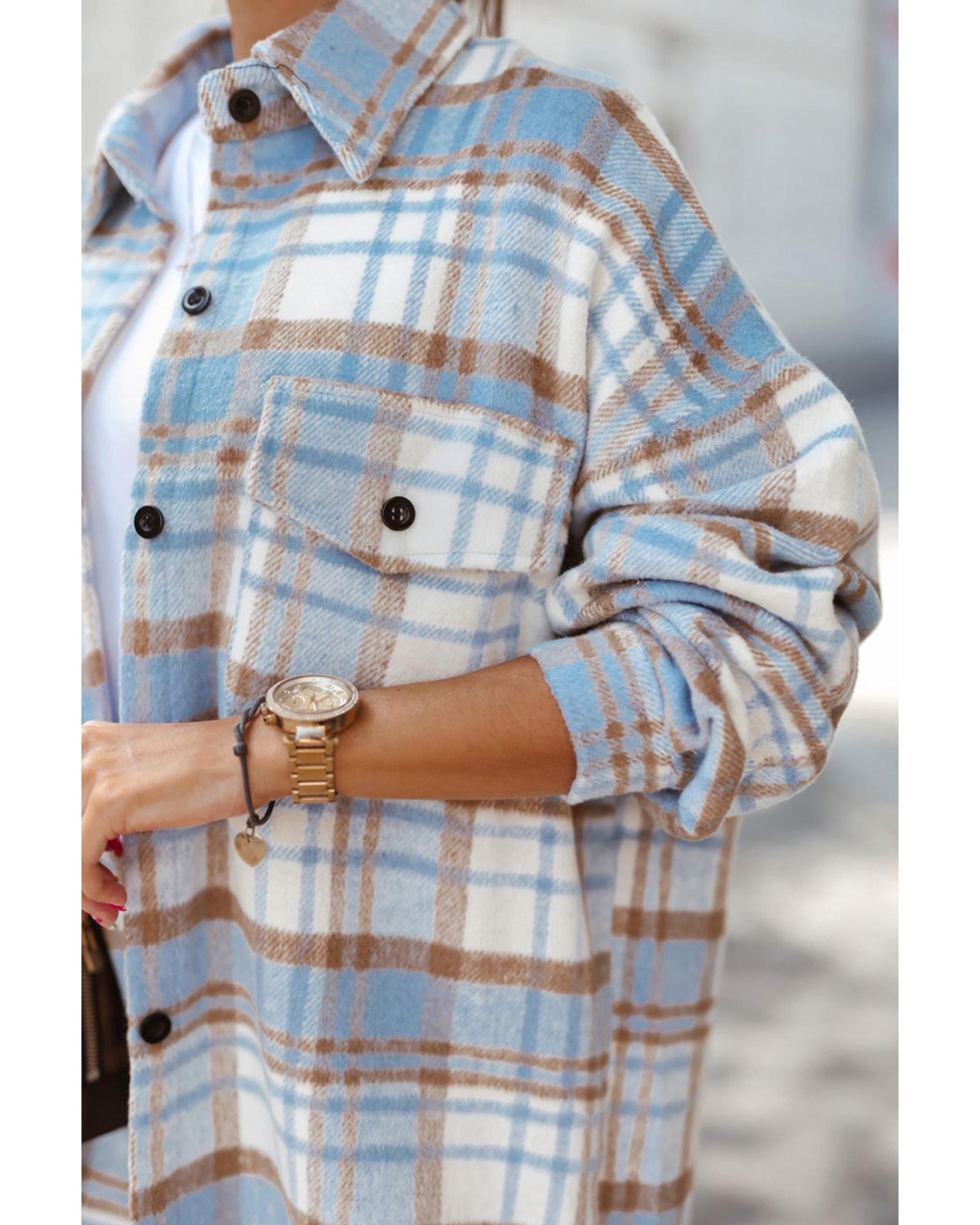Sky Blue Plaid Flap Pocket Long Sleeve Shacket - 2XL
