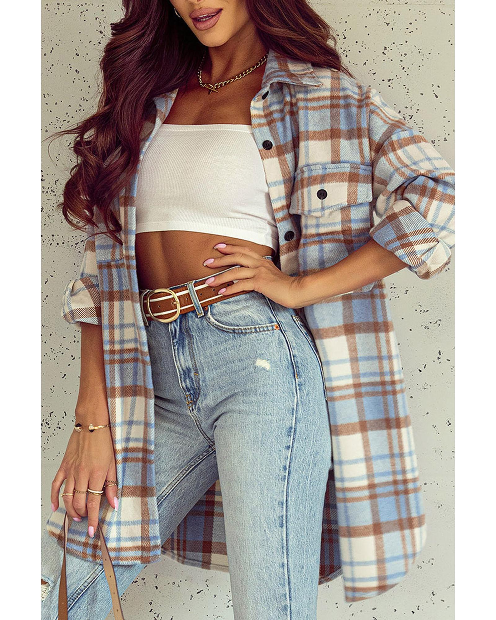 Sky Blue Plaid Flap Pocket Long Sleeve Shacket - 2XL 3