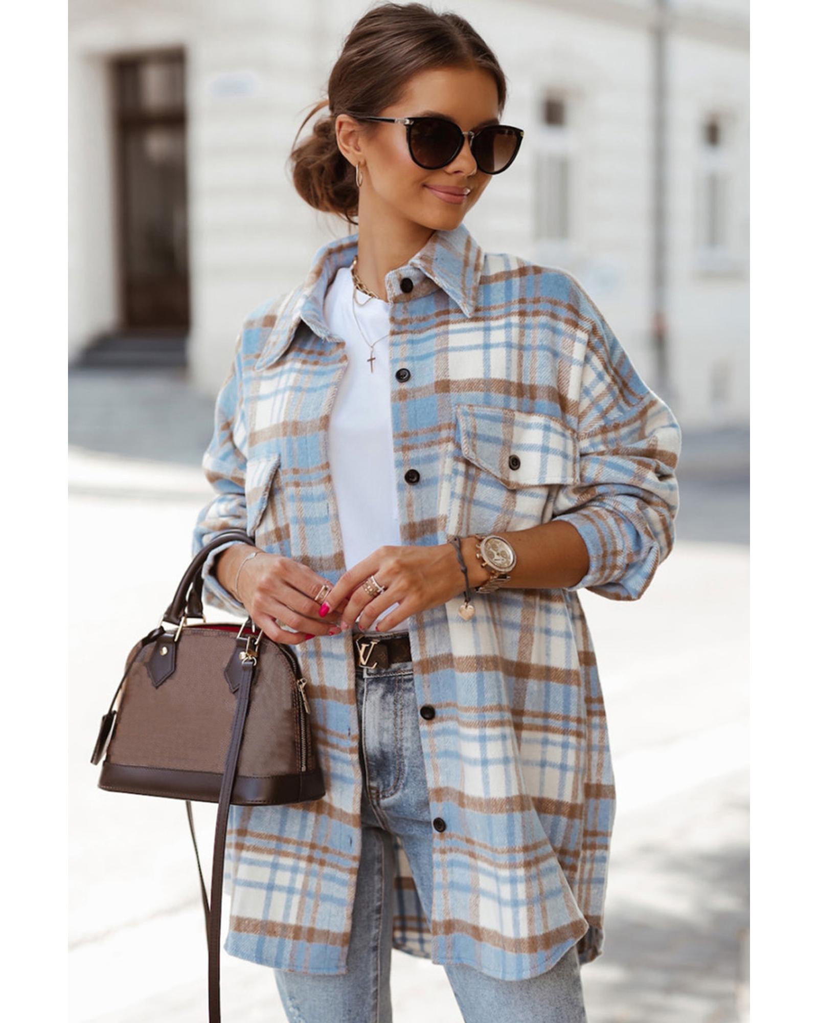 Sky Blue Plaid Flap Pocket Long Sleeve Shacket - 2XL 6