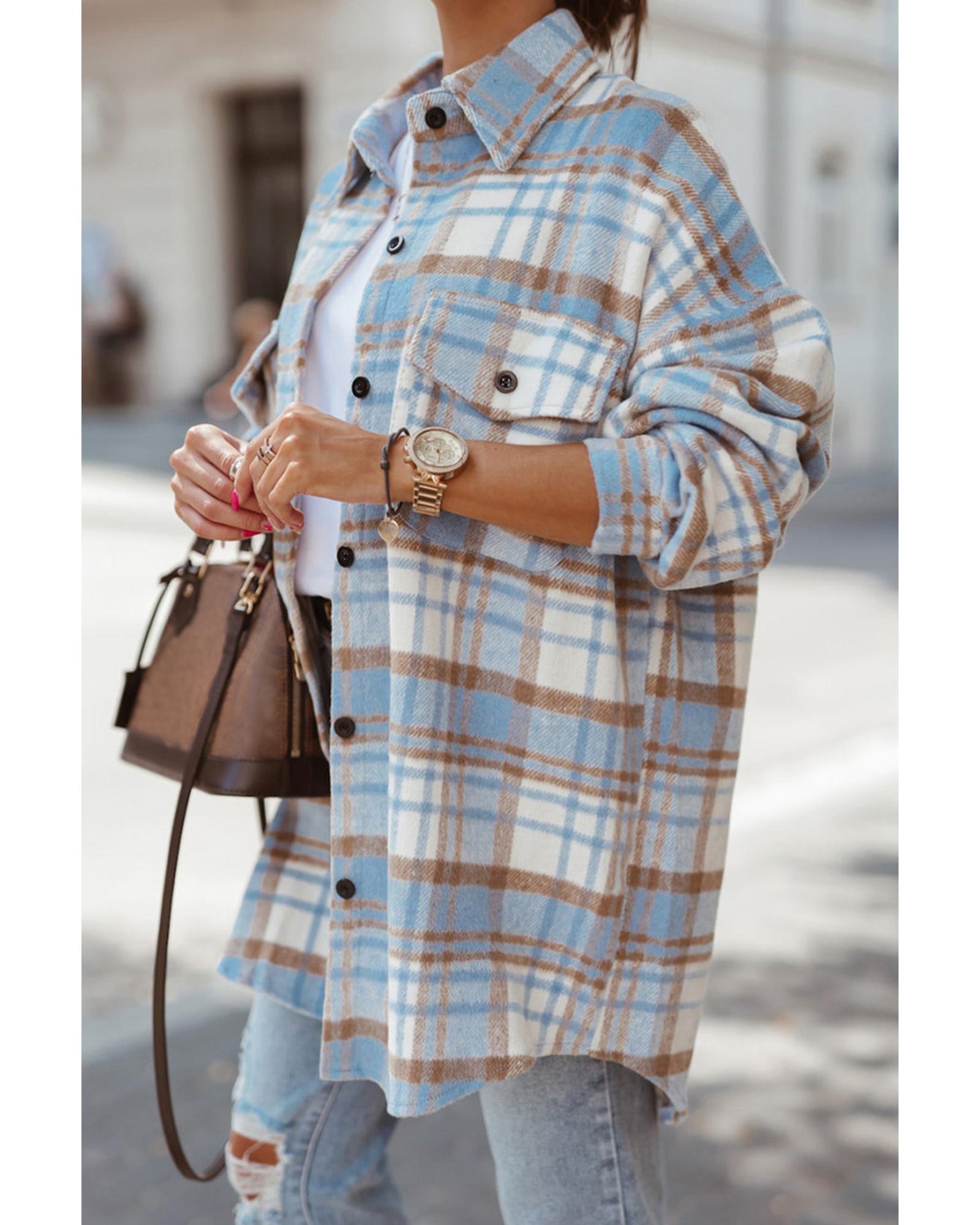 Sky Blue Plaid Flap Pocket Long Sleeve Shacket - S 4
