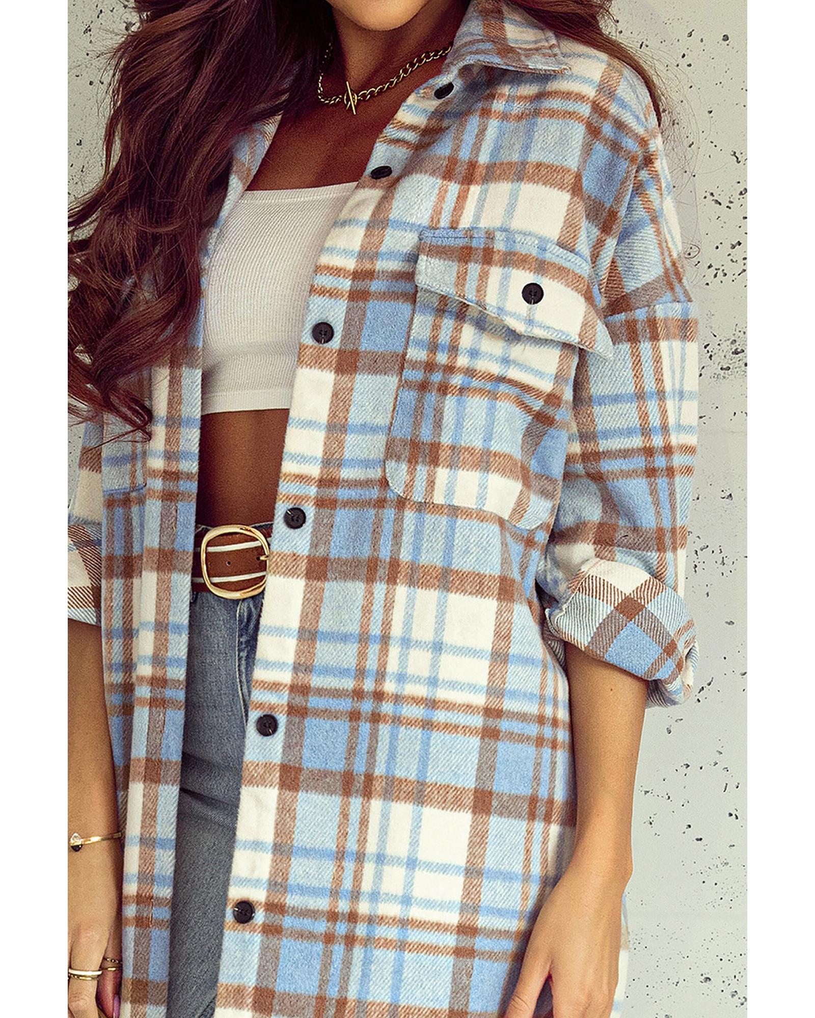 Sky Blue Plaid Flap Pocket Long Sleeve Shacket - S 5