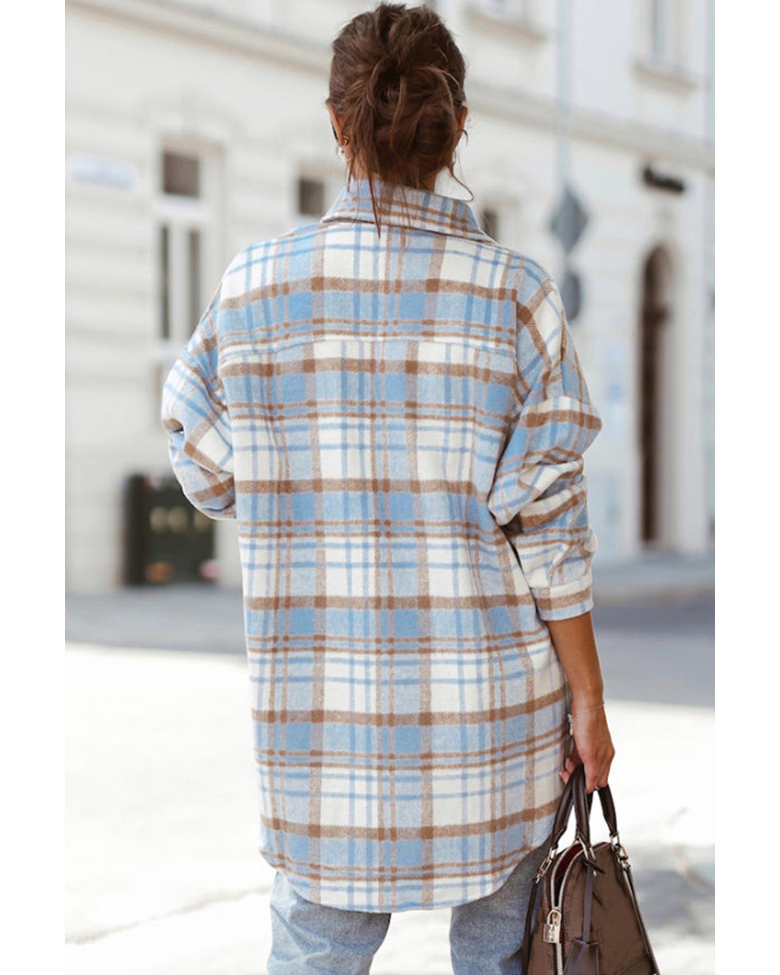 Sky Blue Plaid Flap Pocket Long Sleeve Shacket - XL 3