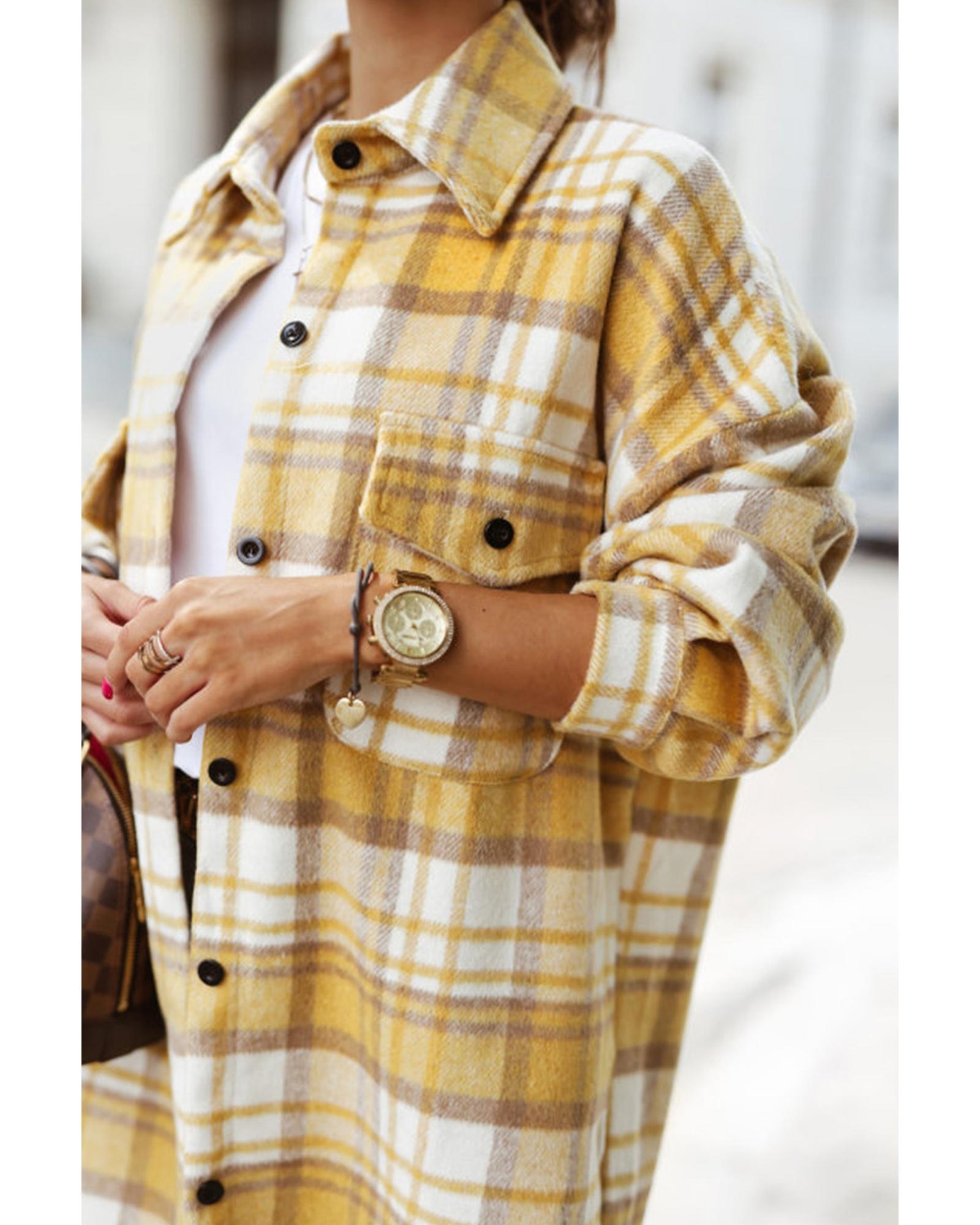Yellow Plaid Flap Pocket Long Sleeve Shacket - M 3