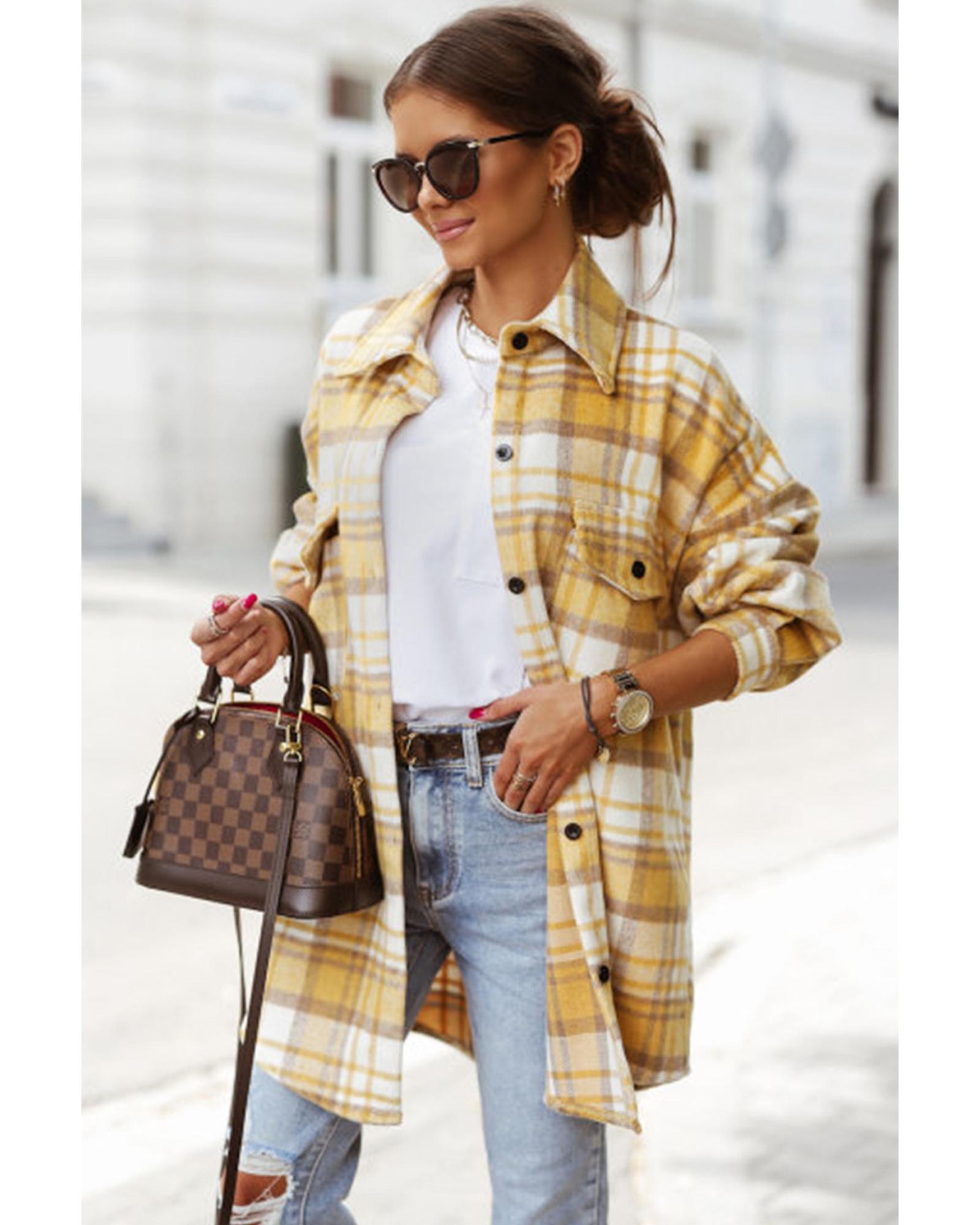Yellow Plaid Flap Pocket Long Sleeve Shacket - M 4