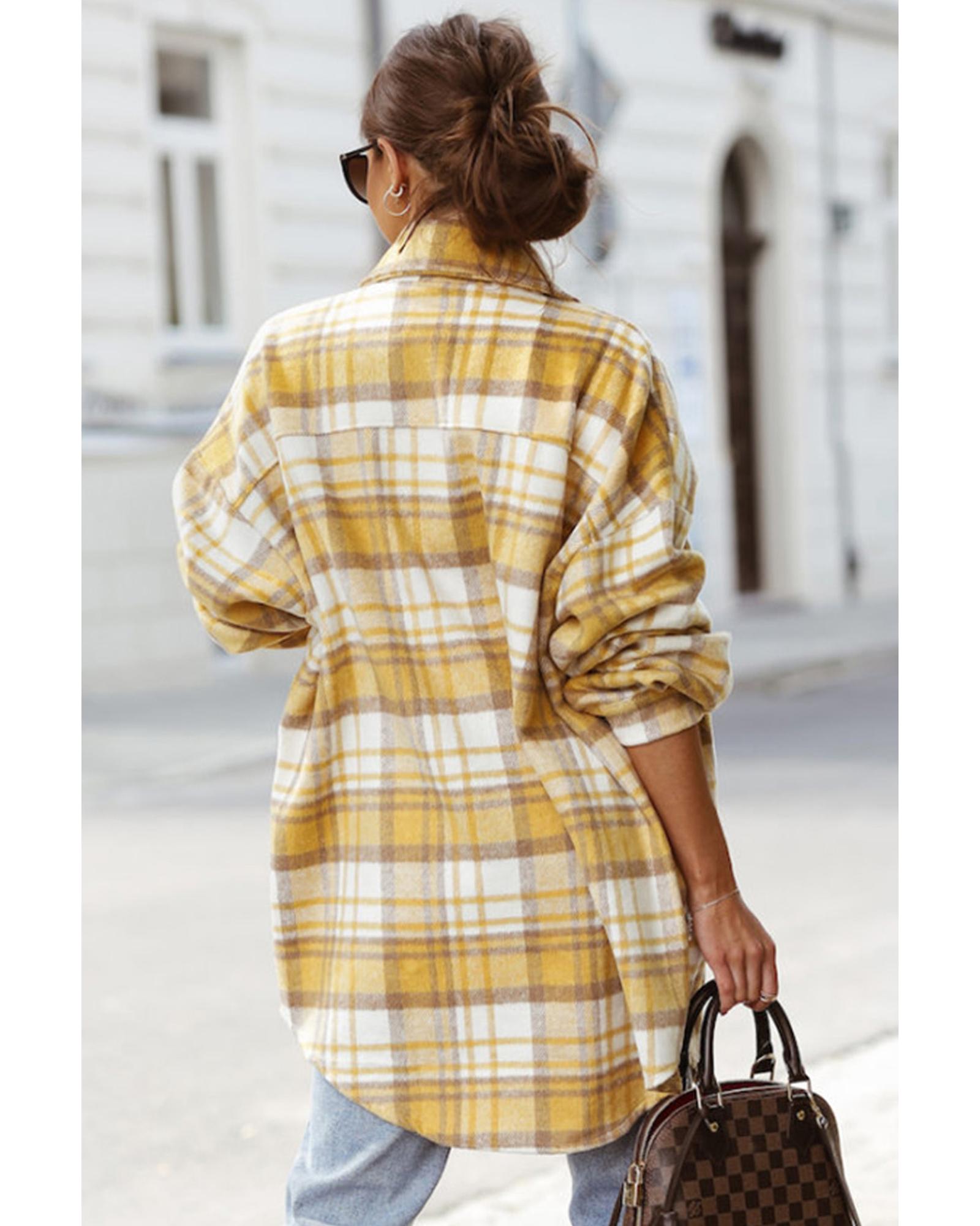 Yellow Plaid Flap Pocket Long Sleeve Shacket - S
