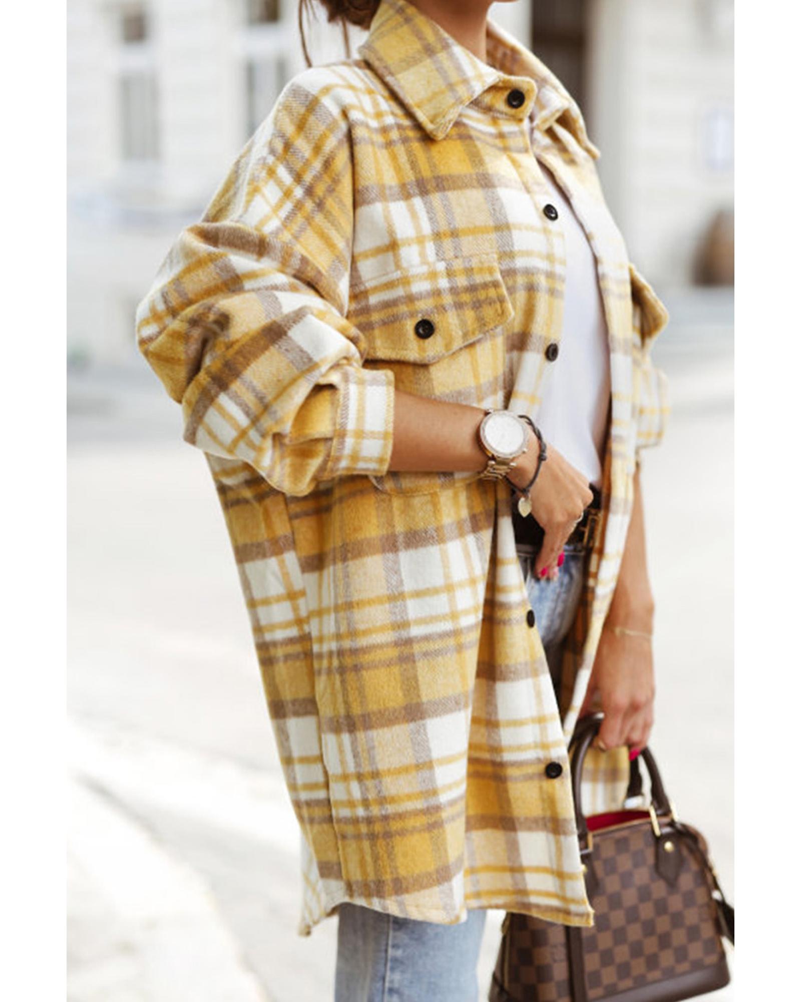 Yellow Plaid Flap Pocket Long Sleeve Shacket - XL