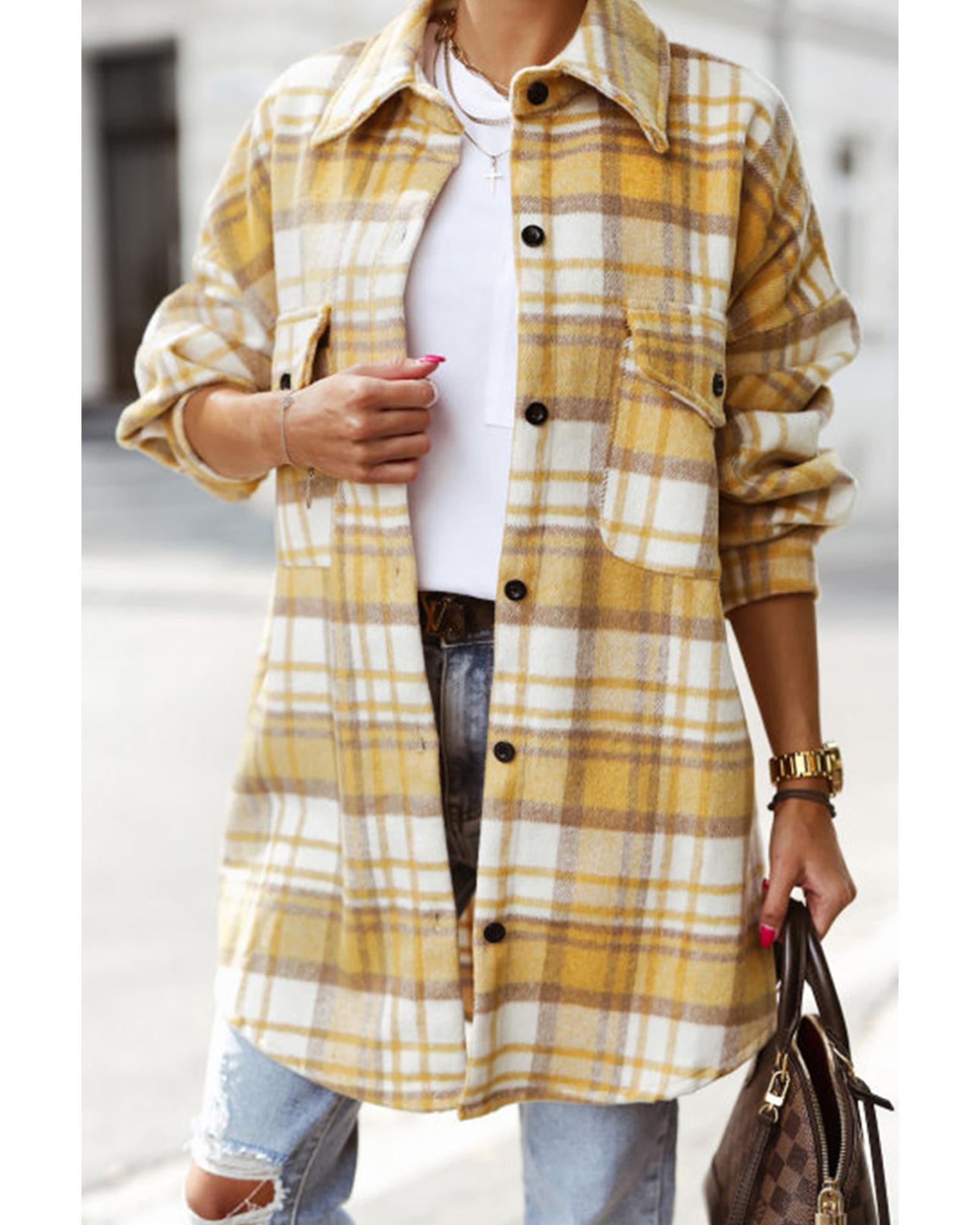 Yellow Plaid Flap Pocket Long Sleeve Shacket - XL 3